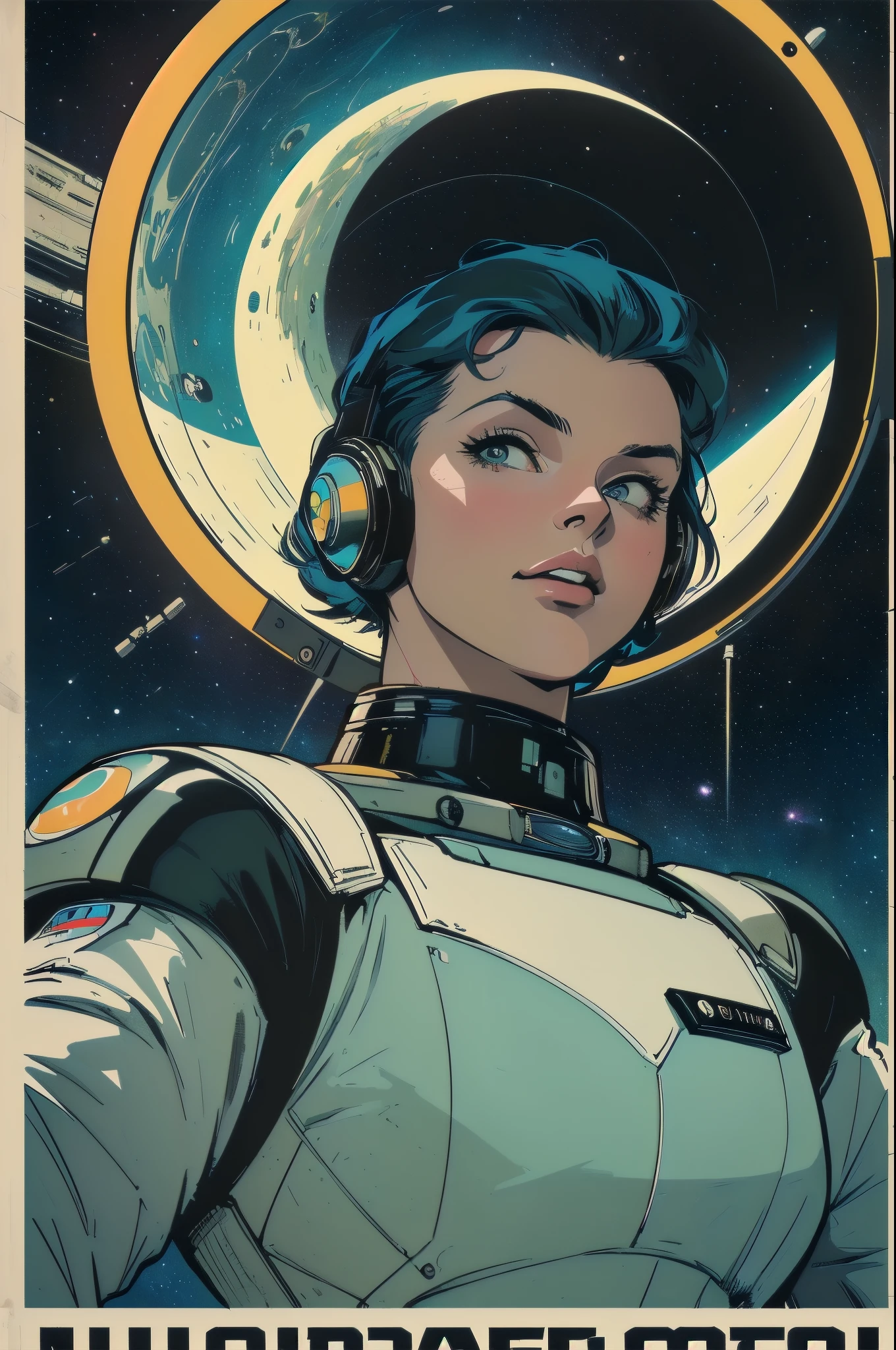 (((masterpiece,best quality))),32K Wallpaper,((( very detailed poster))),retro vintage,sci-fi,(((space thriller cinematic movie poster))),(((Bauhaus))),(((mid-century modern))),(((ultimate galaxy))),(solo1girl :1.2),(((duotone))),(((Perspective)))