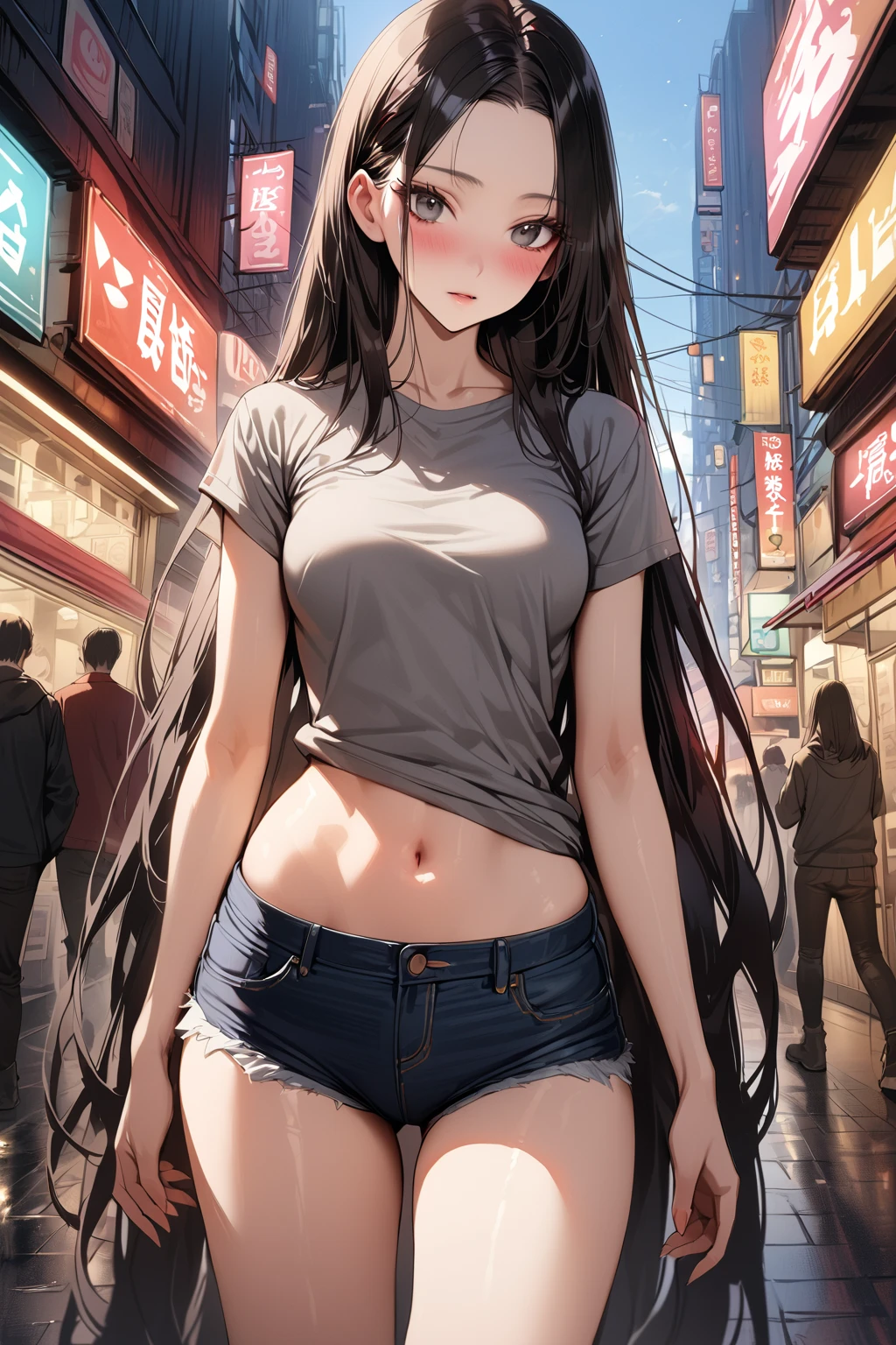 ((masterpiece,best quality anime,Highest quality:1.3)),realistic,cowboy shot,1woman,solo,(30 year old beauty),((very small head:1.4)),((very long body:1.4)),(dark blue hair),straight long hair,(gorgeous big eyes),black eyes,smile,((slender body:1.4,skinny)),,medium breasts,(White tube top shirt、navel、Denim shorts) ,oily skin:1.2,gleaming skin,shiny skin, bustling street、cyberpunk world、
