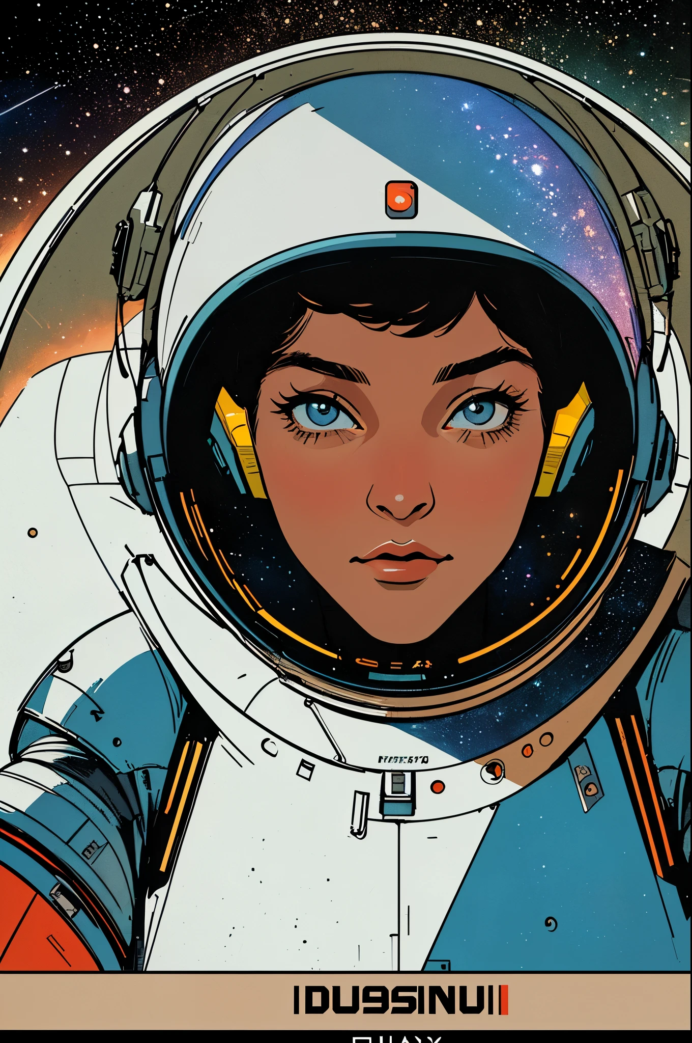 (((masterpiece,best quality))),32K Wallpaper,((( very detailed poster))),retro vintage,sci-fi,(((space thriller cinematic movie poster))),(((Bauhaus))),(((mid-century modern))),(((ultimate galaxy))),(solo1girl :1.2),(((duotone))),(((Perspective)))