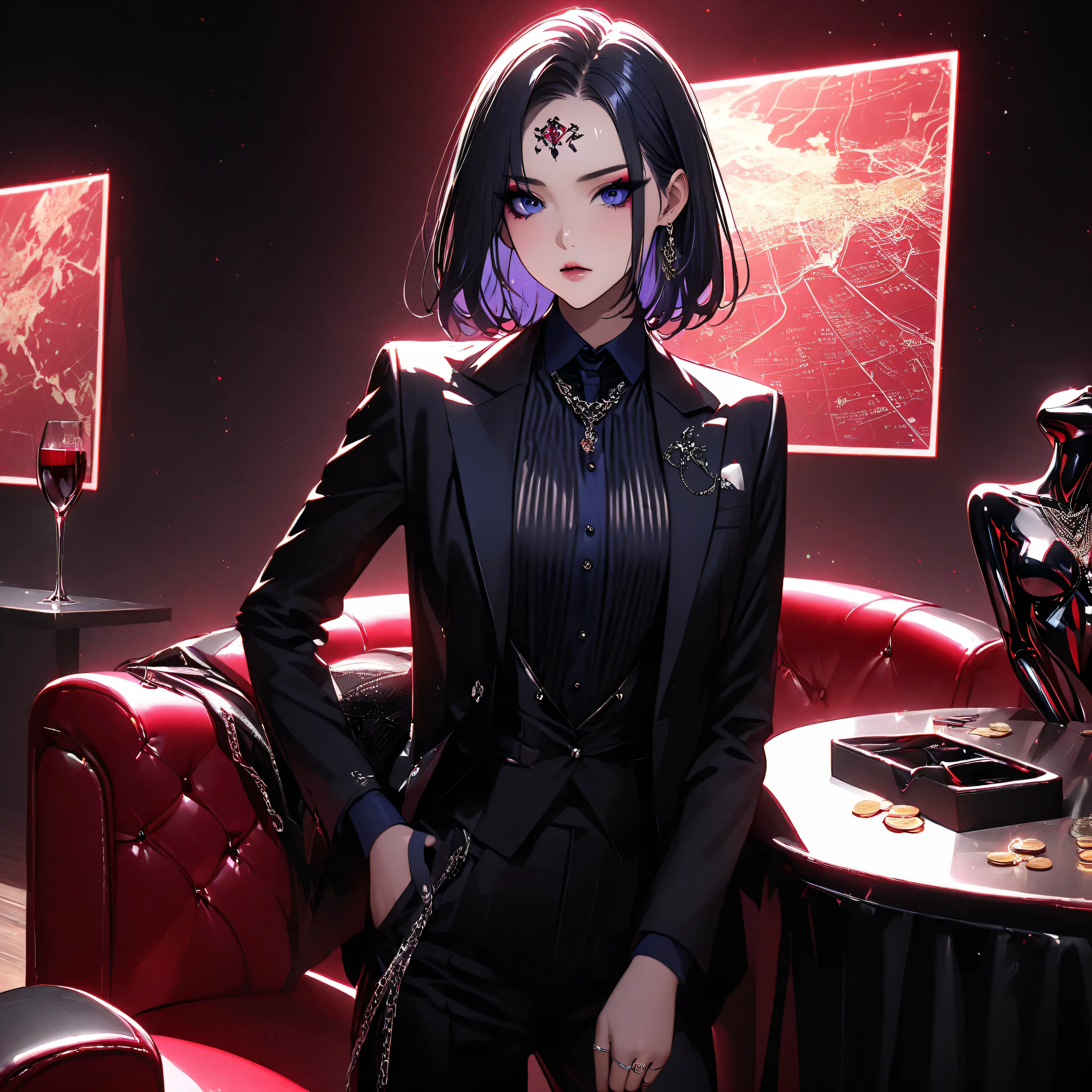   top quality、Ultra-precise depiction、 detailed map、  bright colors visible from the forehead、 beautiful girl 、 alone、40 years old、 Height、 accurate facial depiction、Dark Bar、Red lighting、Sofa、 table、wine、coin、 tuxedo、 shirt、 tie、 bust up、 Skin radiance、 Beautiful figure  、  Very Shorthair、Bad mood、 sharp eyesight、Narrow eyes、 sink、 Tilt Your Head、Intimidation、 hair ornament、 face paint、 dark makeup、blue rouge、 eyeliner、 eyeshadow、Glitter on hair 、 slender figure、metal chain、  jewel necklace  、ring、Bangles、 Fashion Model
