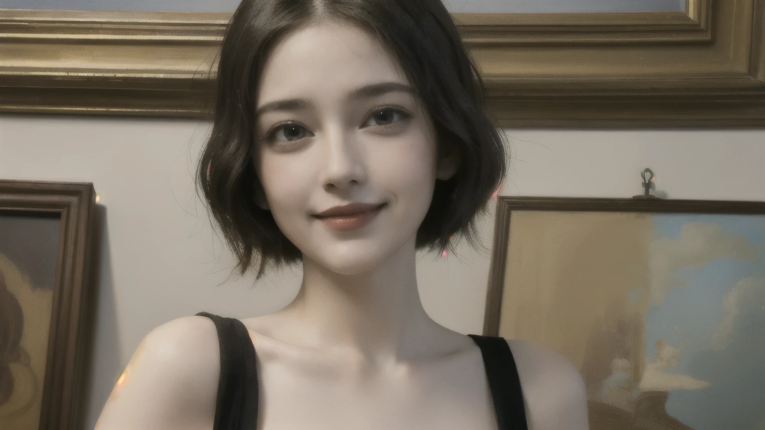 358 (20-year-old woman),( short hair), ( High Definition Photos ), (smile), (colorful floral dress), (Leonardo da Vinci paintings)