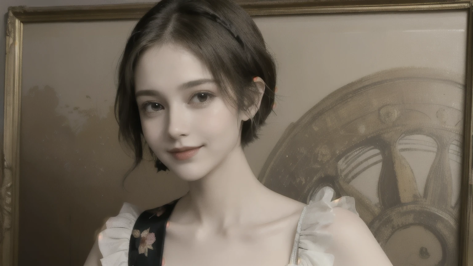 358 (20-year-old woman),( short hair), ( High Definition Photos ), (smile), (colorful floral dress), (Leonardo da Vinci paintings)