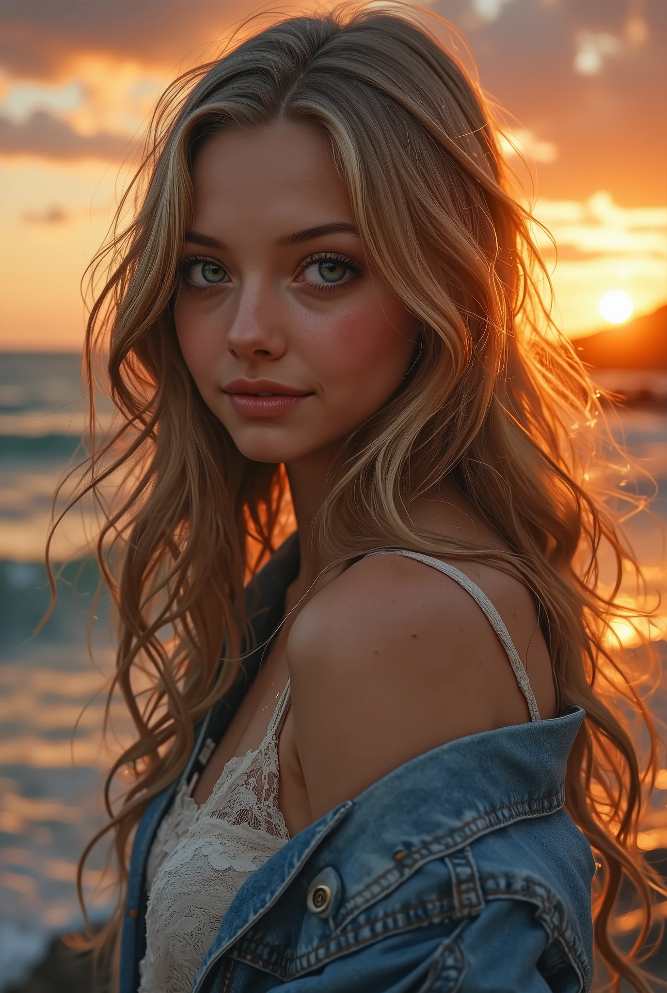 A beautiful young woman. Loose long, gorgeous wavy blonde hair. A glance at the viewer over his shoulder. The radiance of skin and hair in the warm rays of the setting sun. Charming big incredibly transparent light blue eyes. Beautifully shaped bright full lips. A slight smile. Light, delicate skin. A light blue denim jacket or shirt slightly off the shoulder.A white lace top is visible under the shirt. One arm is raised and bent at the elbow and rests with the palm on top of the head. The background is a bright scarlet sunset over the sea, with soft, blurred landscape details. The sun is reflected in the water. Picturesque sky. The light falls from behind from the side. The camera angle is low. Bokeh. The style is soft, dreamy and romantic, with warm tones and an emphasis on golden hour lighting. Portrait. The overall style is digital art. High detail.