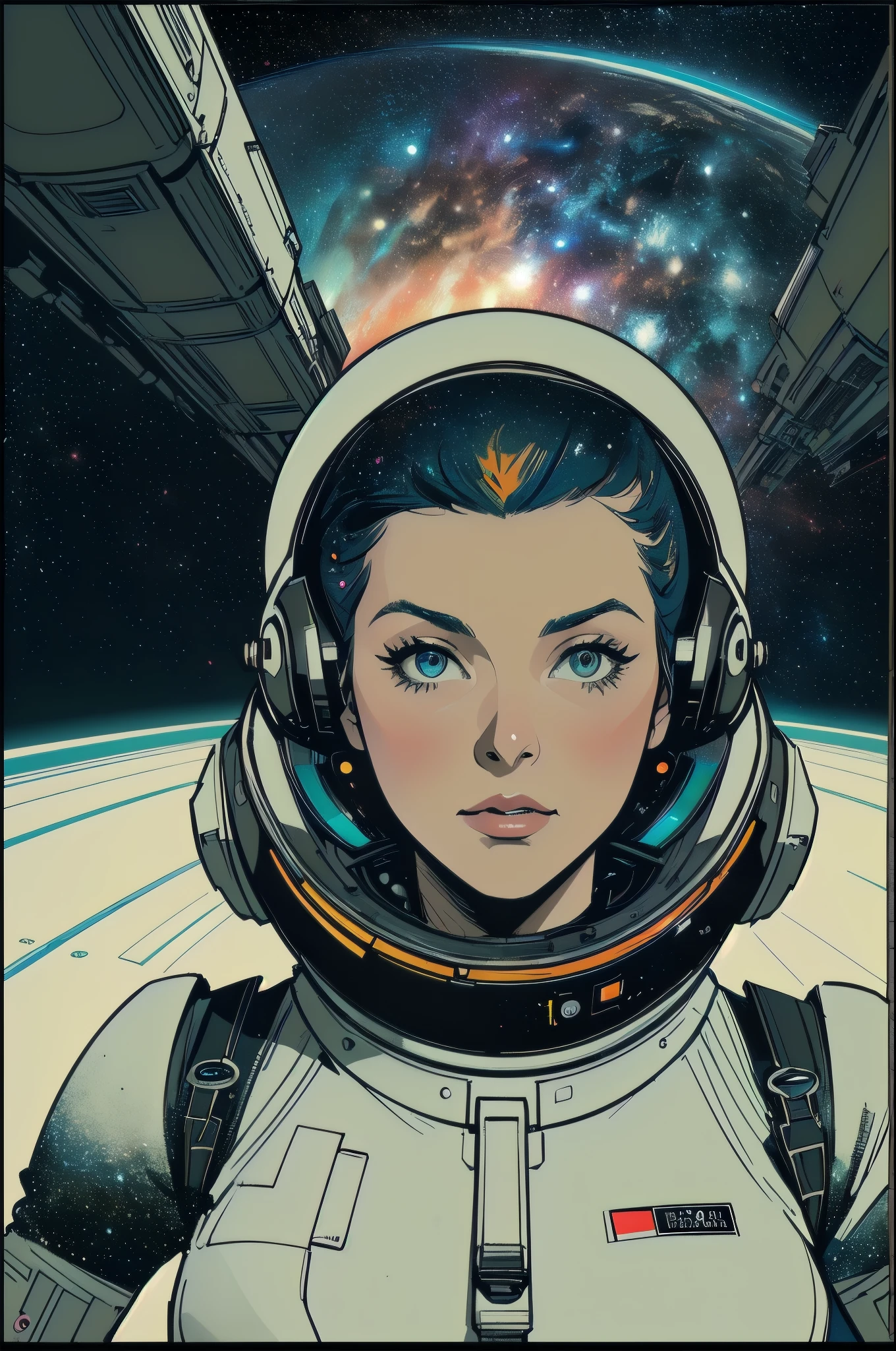 (((masterpiece,best quality))),32K Wallpaper,((( very detailed poster))),retro vintage,sci-fi,(((space thriller cinematic movie poster))),(((Bauhaus))),(((mid-century modern))),(((ultimate galaxy))),(solo1girl :1.2),(((duotone))),(((Perspective)))