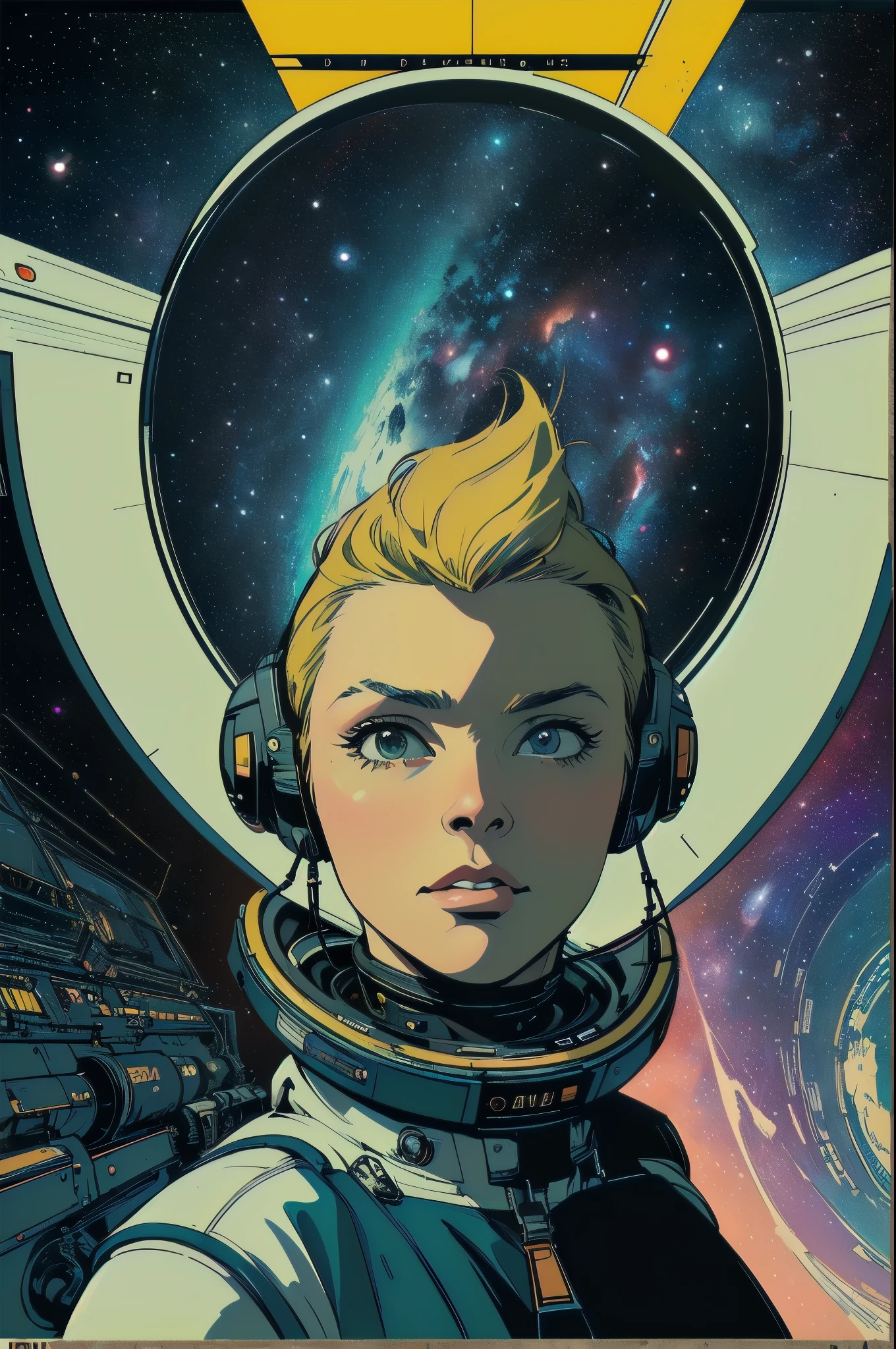 (((masterpiece,best quality))),32K Wallpaper,((( very detailed poster))),retro vintage,sci-fi,(((space thriller cinematic movie poster))),(((Bauhaus))),(((mid-century modern))),(((ultimate galaxy))),(solo1girl :1.2),(((duotone))),(((Perspective)))
