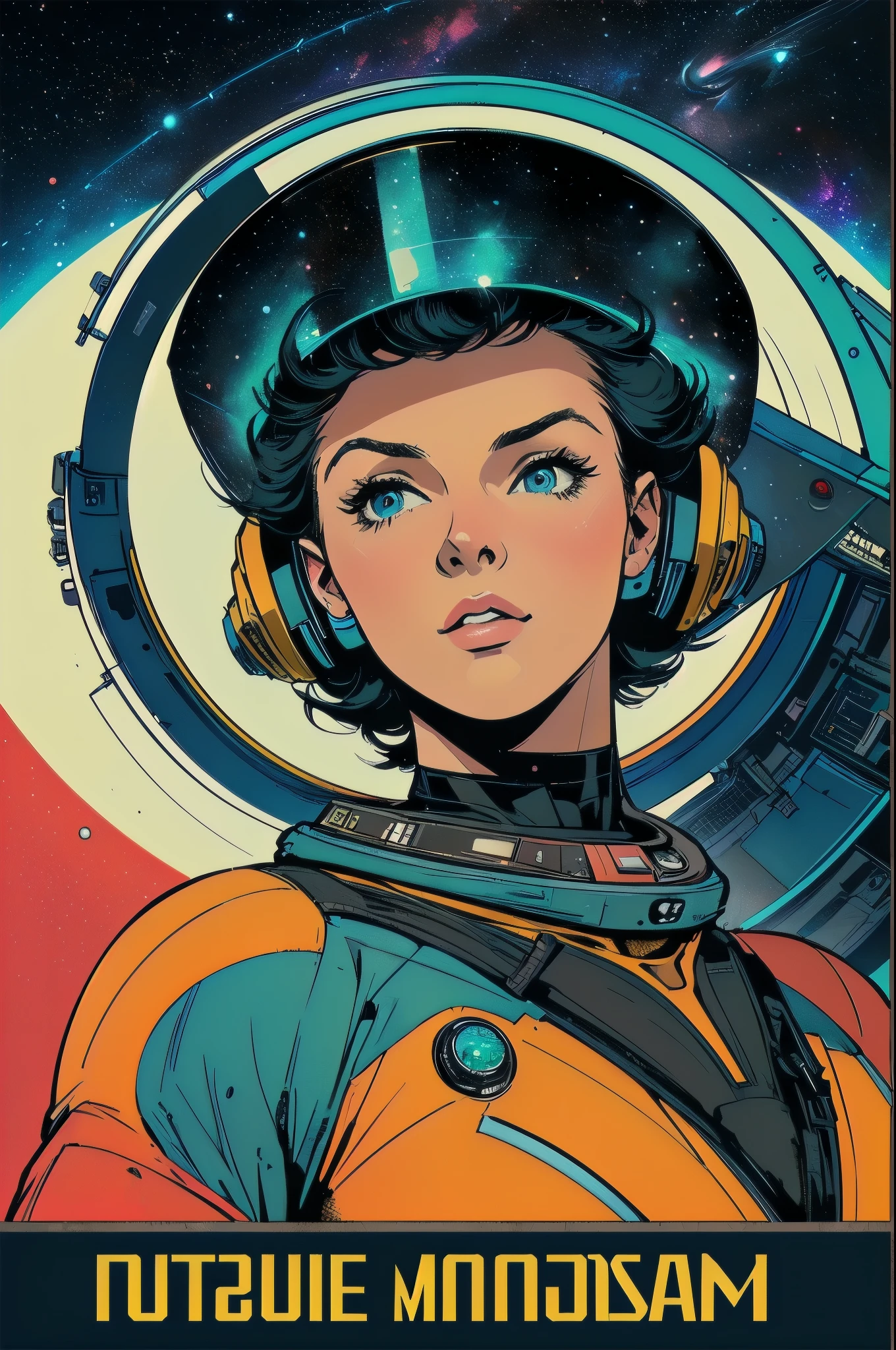 (((masterpiece,best quality))),32K Wallpaper,((( very detailed poster))),retro vintage,sci-fi,(((space thriller cinematic movie poster))),(((Bauhaus))),(((mid-century modern))),(((ultimate galaxy))),(solo1girl :1.2),(((duotone))),(((Perspective)))