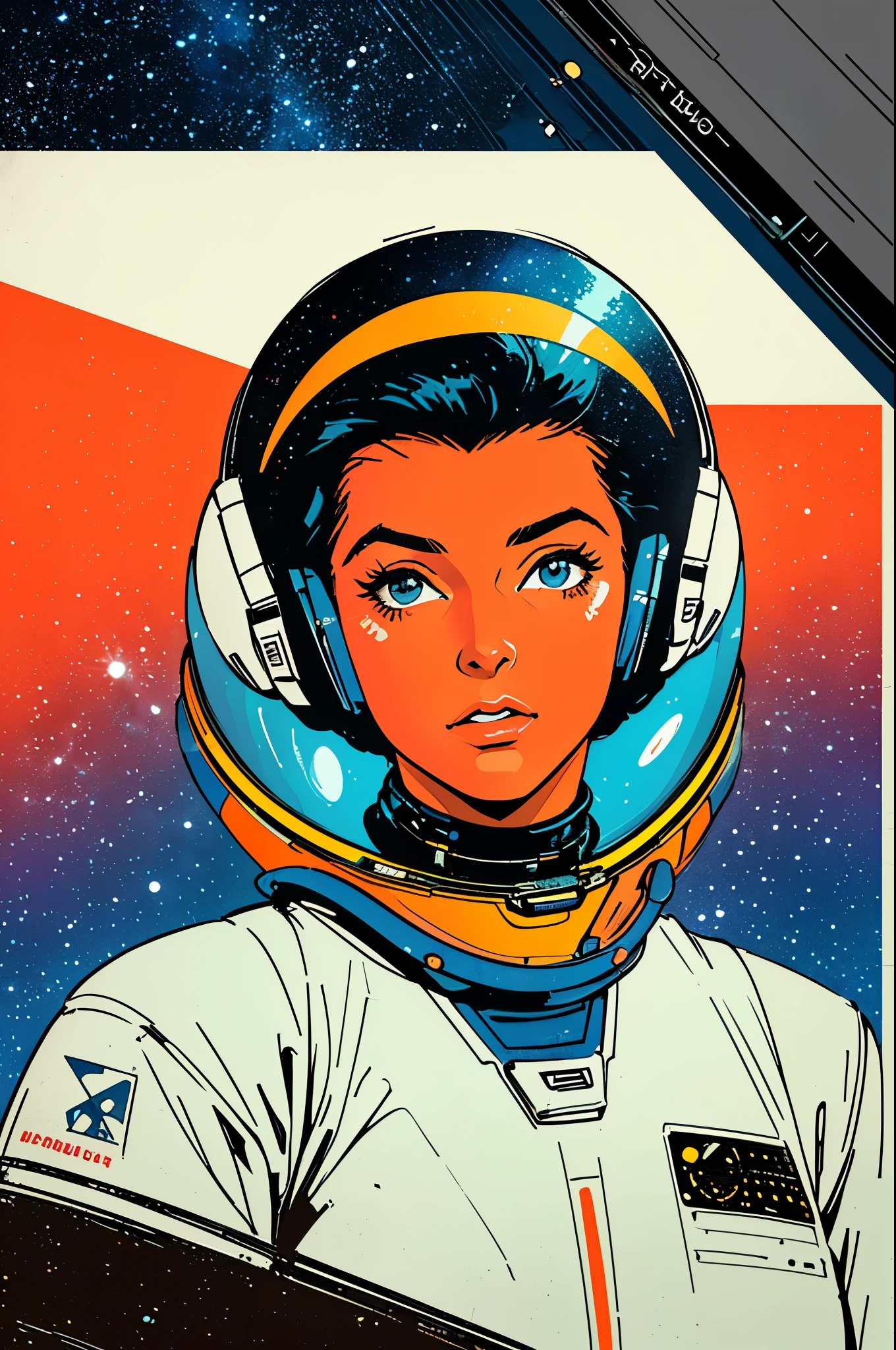 (((masterpiece,best quality))),32K Wallpaper,((( very detailed poster))),retro vintage,sci-fi,(((space thriller cinematic movie poster))),(((Bauhaus))),(((mid-century modern))),(((ultimate galaxy))),(solo1girl :1.2),(((duotone))),(((Perspective)))