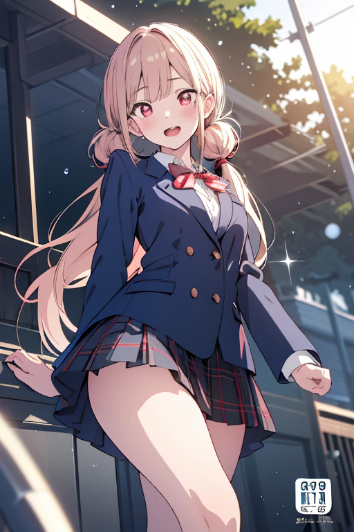 1girl,solo,Olivia, blonde hair, blue eyes, medium hair,large breasts, blush, smile,school blazer,mini skirt,thighs,white panty, masterpiece,Noise Reduction,perfect anatomy,high resolution, ultra-detailed, ultra-detailed face,game cg,dutch angle ,beautiful detailed eyes,visualart,five fingers, perfect hands, perfect lighting,