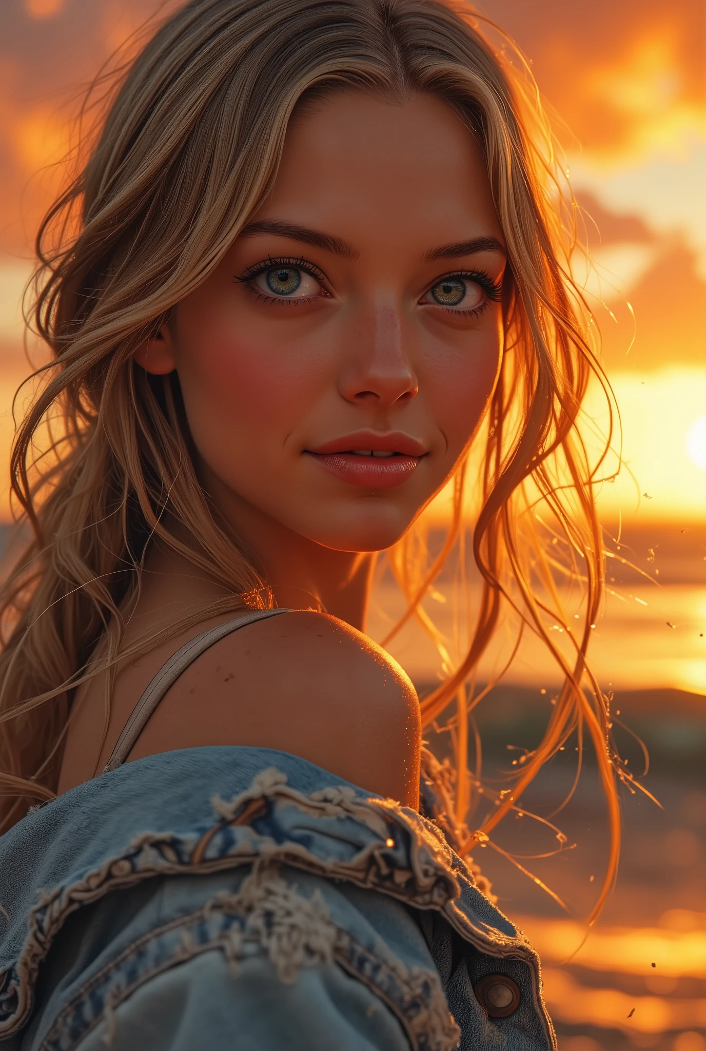 A beautiful young woman. Loose long, gorgeous wavy blonde hair. A glance at the viewer over his shoulder. The radiance of skin and hair in the warm rays of the setting sun. Charming big incredibly transparent light blue eyes. Beautifully shaped bright full lips. A slight smile. Light, delicate skin. A light blue denim jacket or shirt slightly off the shoulder. One arm is raised and bent at the elbow and rests with the palm on top of the head. The background is a bright scarlet sunset over the sea, with soft, blurred landscape details. The sun is reflected in the water. Picturesque sky. The light falls from behind from the side. The camera angle is low. Bokeh. The style is soft, dreamy and romantic, with warm tones and an emphasis on golden hour lighting. Portrait. The overall style is digital art. High detail.