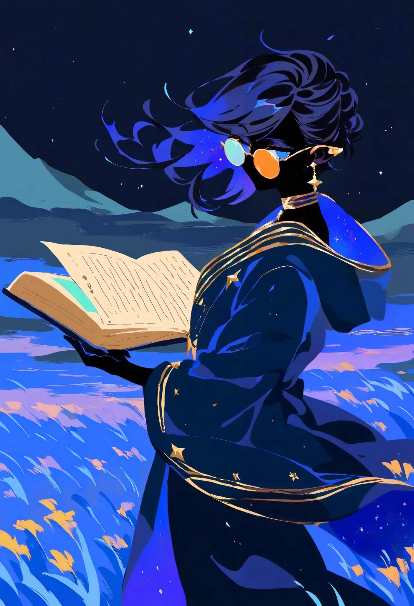 (masterpiece), best quality, amazing quality, flat color, no lineart, cowboy shot, from side, flat perspective,
androgynous, solo, mature, handsome, asymmetrical hair, black and blue starry hair, nape, pointy ears,
circular glasses, star earring, choker, earclip, blue eyes, narrow eyes, sideways glance, looking over eyewear, BREAK
black skin, (midnight blue starry robe, blending in with background:1.1), invisible, starry sky, gradient blue black sky, midnight blue grass, mountainous horizon, holding magic book, wind,
