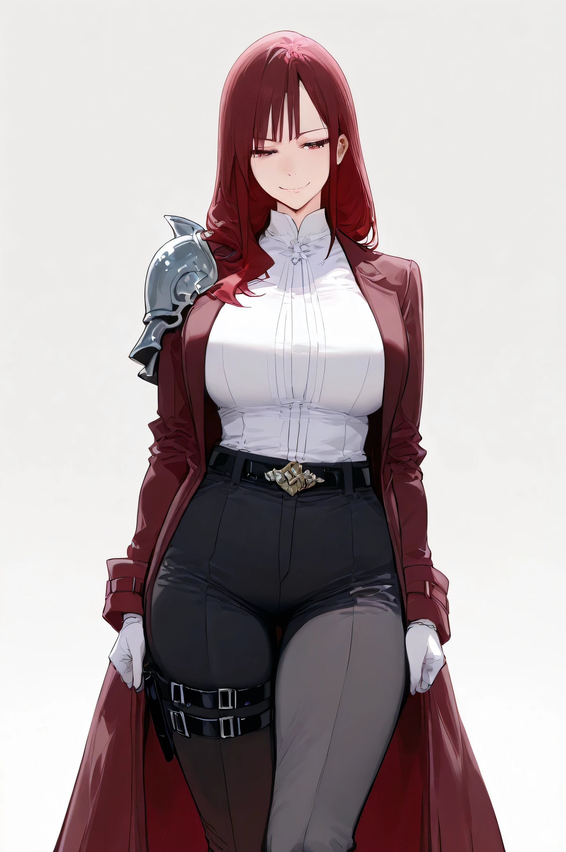 anime Lady,anime,stylized Lady anime girl,long red hair,red eyes,long hair,wearing Dark red long Coat Jacket, Jacket coat,thighs,first rate breasts,white shirt,white suit with lingerie design,OL Lady,Black Belt Wrists,dominant Female,milf bangs,hair bangs,tall,solo,mature,white background,lady,mature,black pants,belt,stance,Red Heels,white gloves,best details,OL Mature,widow,bangs,red eye,best legs,smiling,half close eyes,Thigh Belt,One shoulder armor,elegance stance,tall body,pale skin