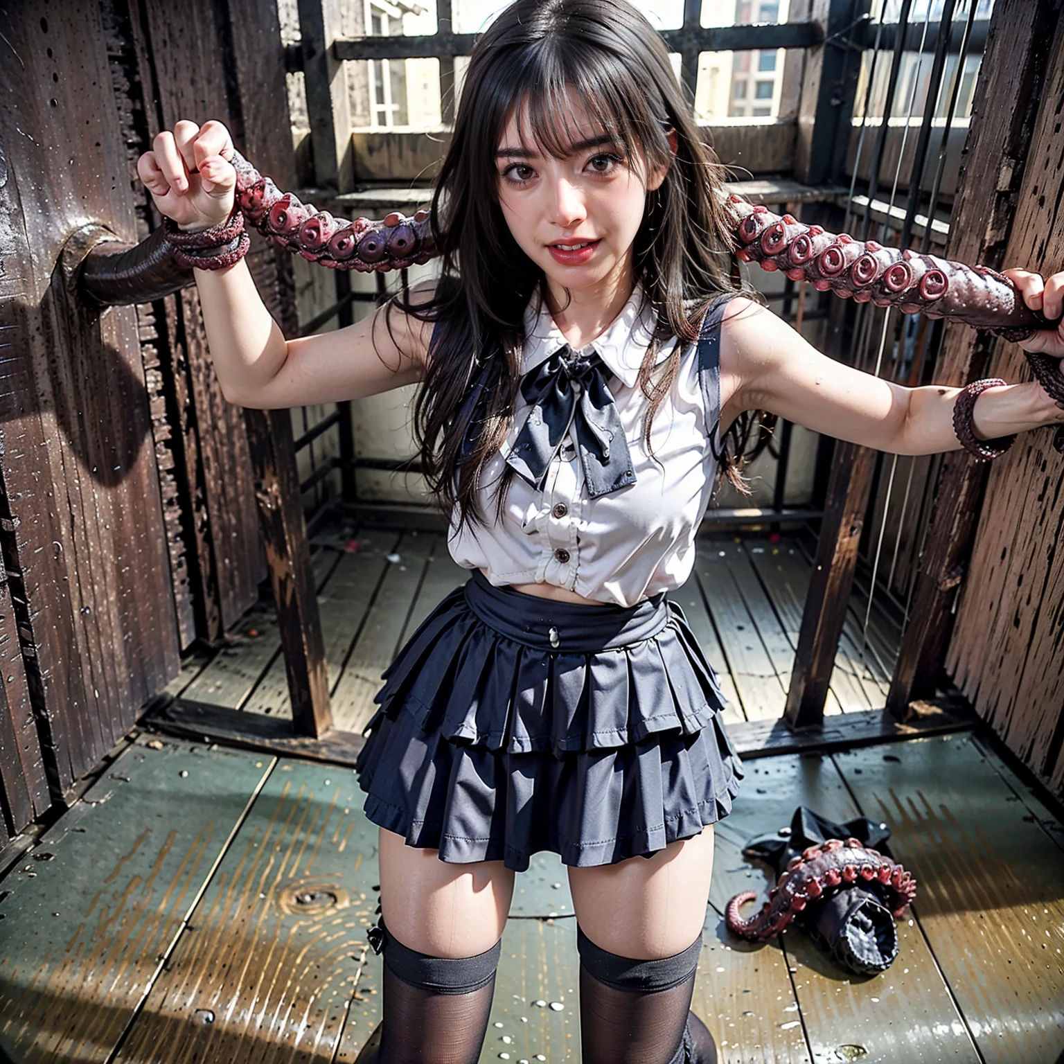 masterpiece, best quality:1.2), solo, 1girl, honoka , skull hair ornament, , purple jacket, necktie, single glove, black gloves, plaid skirt , steam , plaid skirt , pleated skirt , Tight shirt , white Shirt , school girl , red bow , red knot , big breast , big tits (pillory:1.5),(flail:1.2), flail on the head,A girl kneels on the ground,8k,ultra high resolution,ultra high definition,masterpiece,huge breasts,Anatomically correct