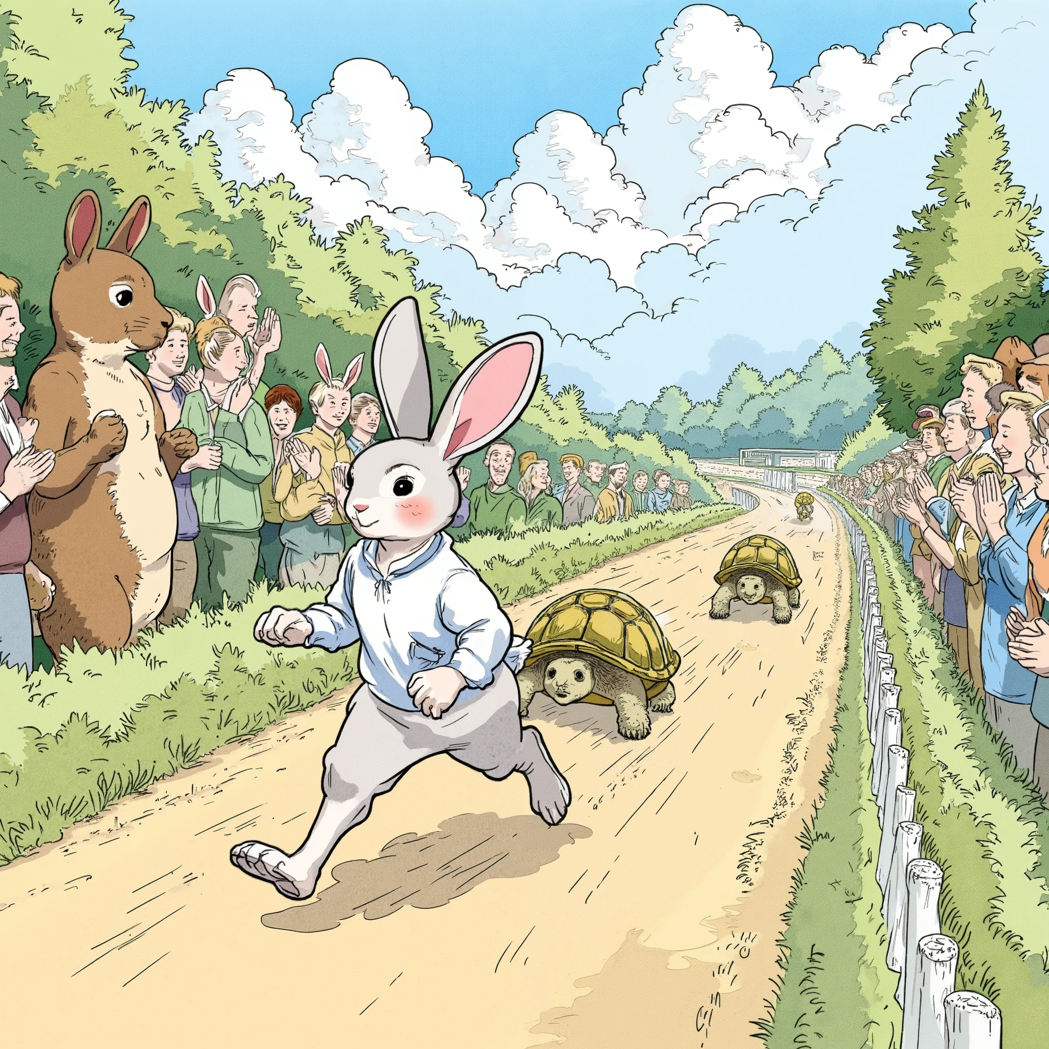 An anthropomorphic illustration of rabbit running ahead of tortoise on the track, other animals clapping side ways, water color illustration
