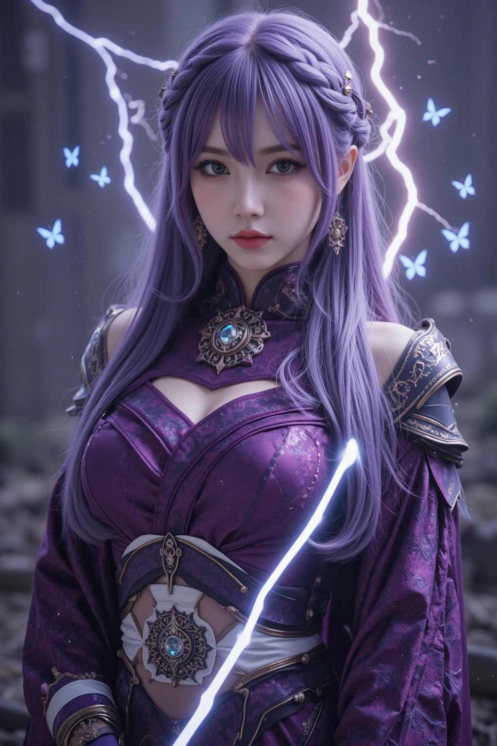 masterpiece, best quality,solo,girl,raiden shogun,closeup cleavage,photorealestic,realisticlying,skin textures,with black background,skinny pants,big breasts, beautiful,upperbody closeup, purple eyes, japanese clothes, purple hair, long hair,purple kimono, thighhighs, kimono, weapon, braid,