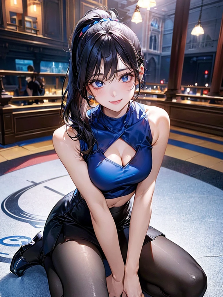 Night view、Lounge、Beauty、Standing with a smile、Blue Dress、Upper Body