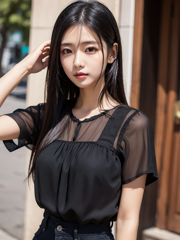 depth of field,blurry background,(8k, RAW photo, best quality, masterpiece:1.2),(realistic, photo-realistic:1.37),xiaoyuan,1girl,smile,big eyes,standing,black shirt,white dress,bare thighs,collarbone,necklace,large breasts,jewelry,bangs,outdoors,(pureerosface_v1:0.7)