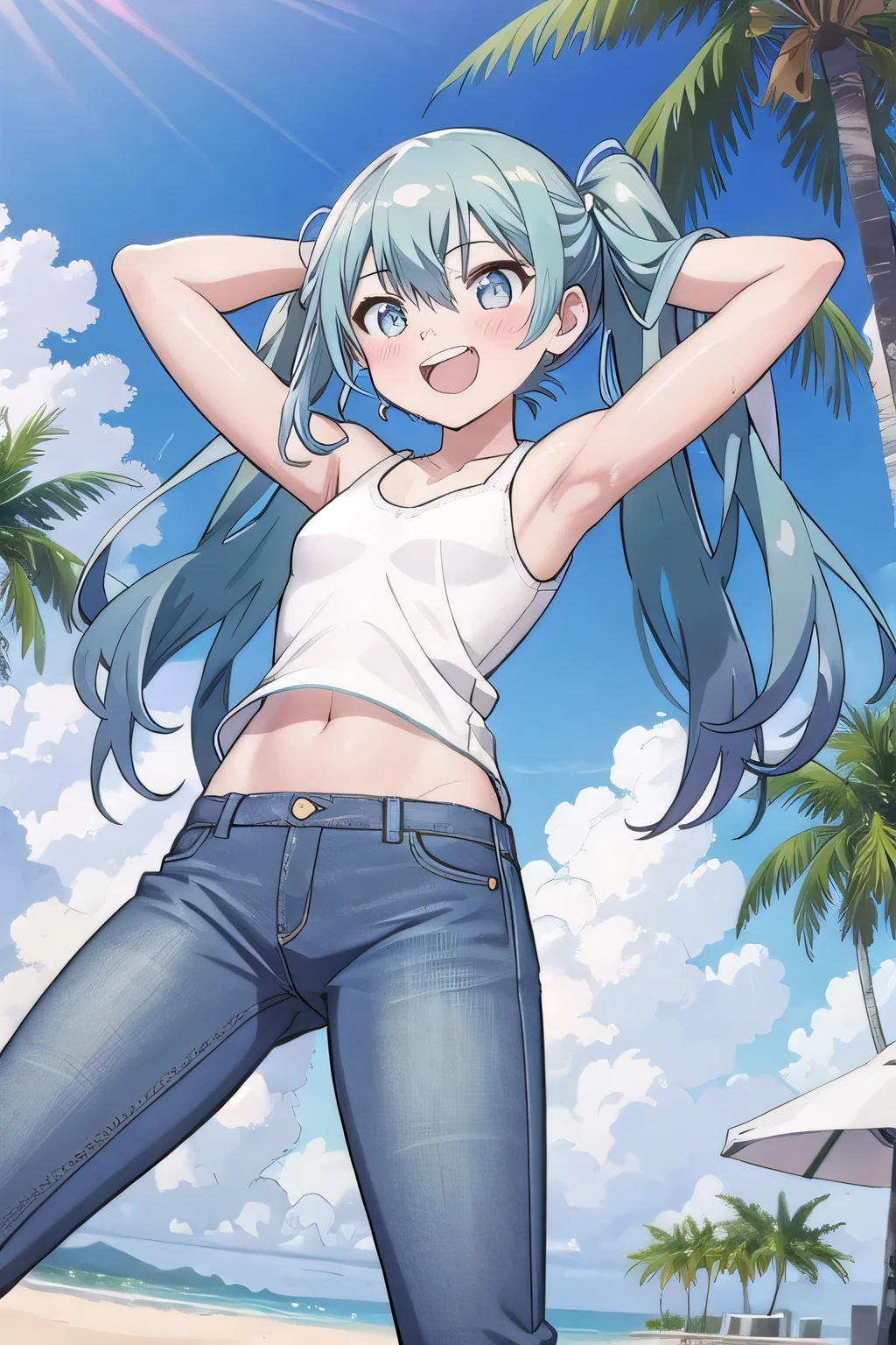 masterpiece,best quality,ultra detail, ((Perfect Face, Perfect Arms, Perfect hands, Perfect Fingers)), 1girl, , peti ((round face, ecstasy, orgasm face, drooping eyes, shame smiling, blush)), dropping eyes, sleepy, Open mouth, ((White teeth)), background((under the beach, (day:1.2), palm tree, bright sky)), miku hatsune, ahoge, aqua eyes, aqua hair, crossed bangs, hair between eyes, hair ornament, (long hair:1.4), ((arms behind head, hands behind head, fingers behind head)), ((contrapposto)), spread armpits, looking at viewer,, (white tank top:1.2), (white crop top:1.2), (jeans pants:1.2, flares jeans:1.2, skinny jeans:1.2, blue jeans:1.2), standing, (legs spread:1.4), sex pose, Sweaty crotch, Steam from the crotch, from below, whole body