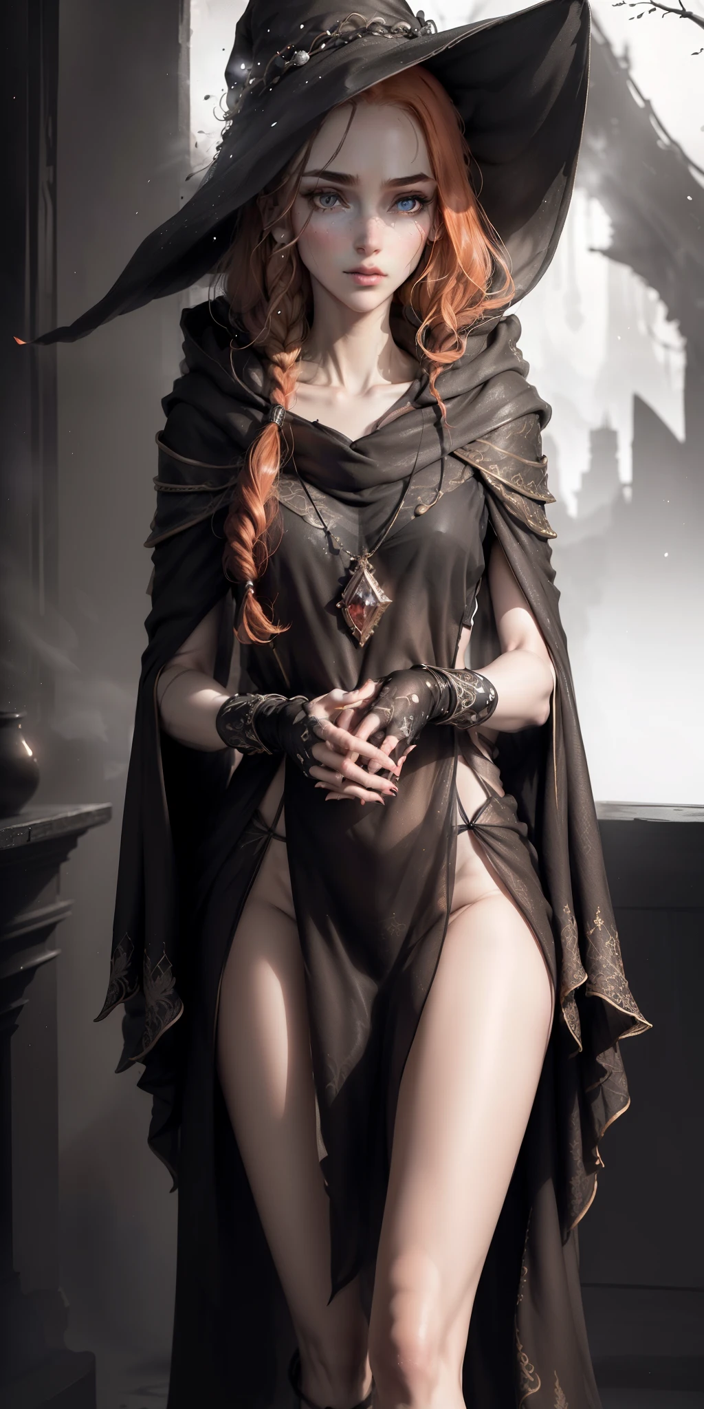 (best quality, masterpiece:1.2), photorealistic, ultra high res, front lighting, intricate detail, Exquisite details and textures, abstract, motion blur, bokeh, fantasy setting, low camera angle, (detailed eyes:1.3), (detailed body:1.3), (detailed face:1.3), (perfect hands:1.3) (1girl, witch, flowing ginger hair, dirty skin, long hooded cloak, bare leg, exposed shoulder, angry expression), white background, face highlight, sexy, seductive, smooth thigh, pale skin, beautiful detailed eyes, beautifully detailed face, red glow, shadows, starry, strry light, night, blood moon, magic, sky, night sky, black myst, corruption