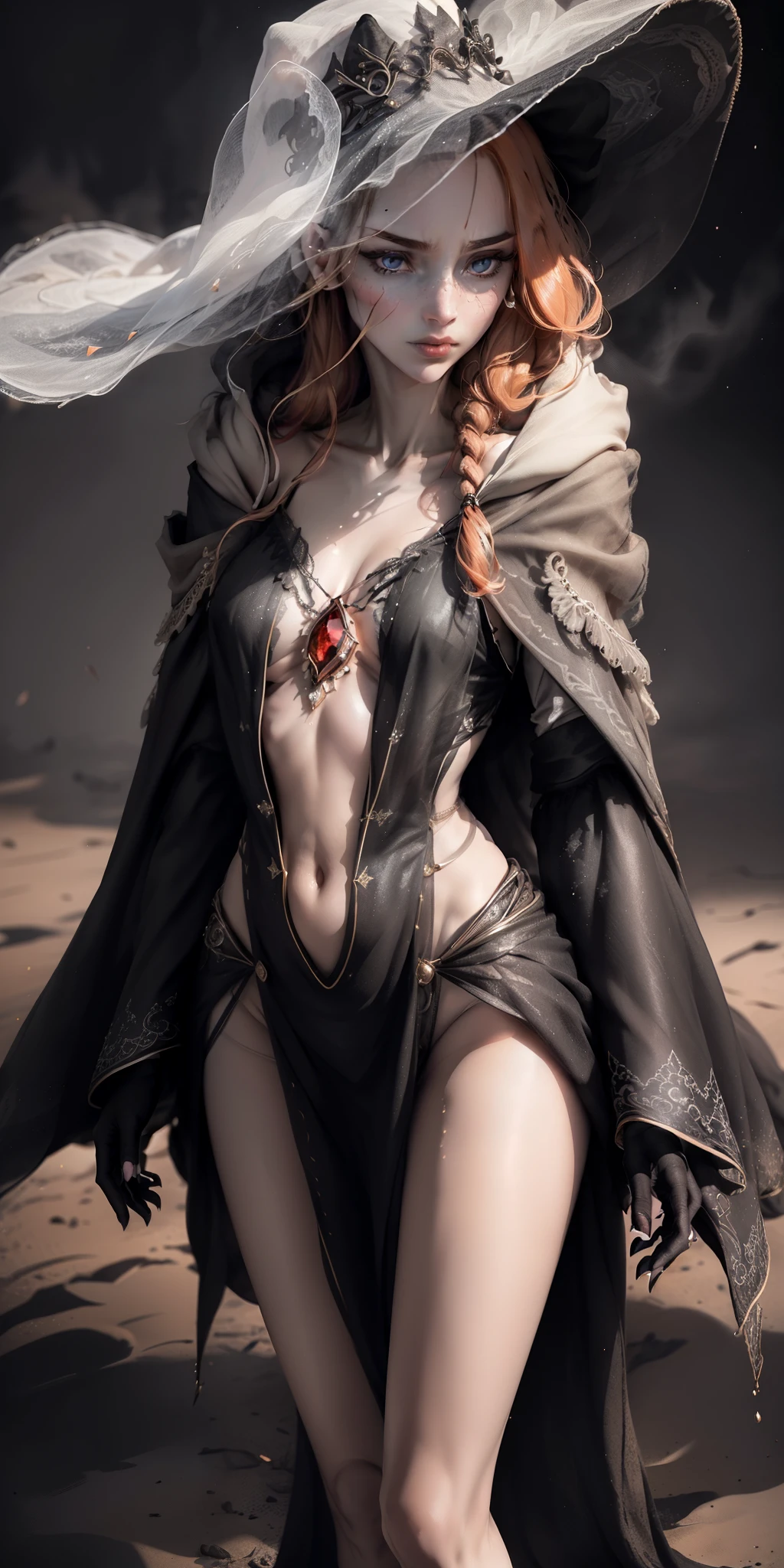 (best quality, masterpiece:1.2), photorealistic, ultra high res, front lighting, intricate detail, Exquisite details and textures, abstract, motion blur, bokeh, fantasy setting, low camera angle, (detailed eyes:1.3), (detailed body:1.3), (detailed face:1.3), (perfect hands:1.3) (1girl, witch, flowing ginger hair, dirty skin, long hooded cloak, bare leg, exposed shoulder, angry expression), white background, face highlight, sexy, seductive, smooth thigh, pale skin, beautiful detailed eyes, beautifully detailed face, red glow, shadows, starry, strry light, night, blood moon, magic, sky, night sky, black myst, corruption