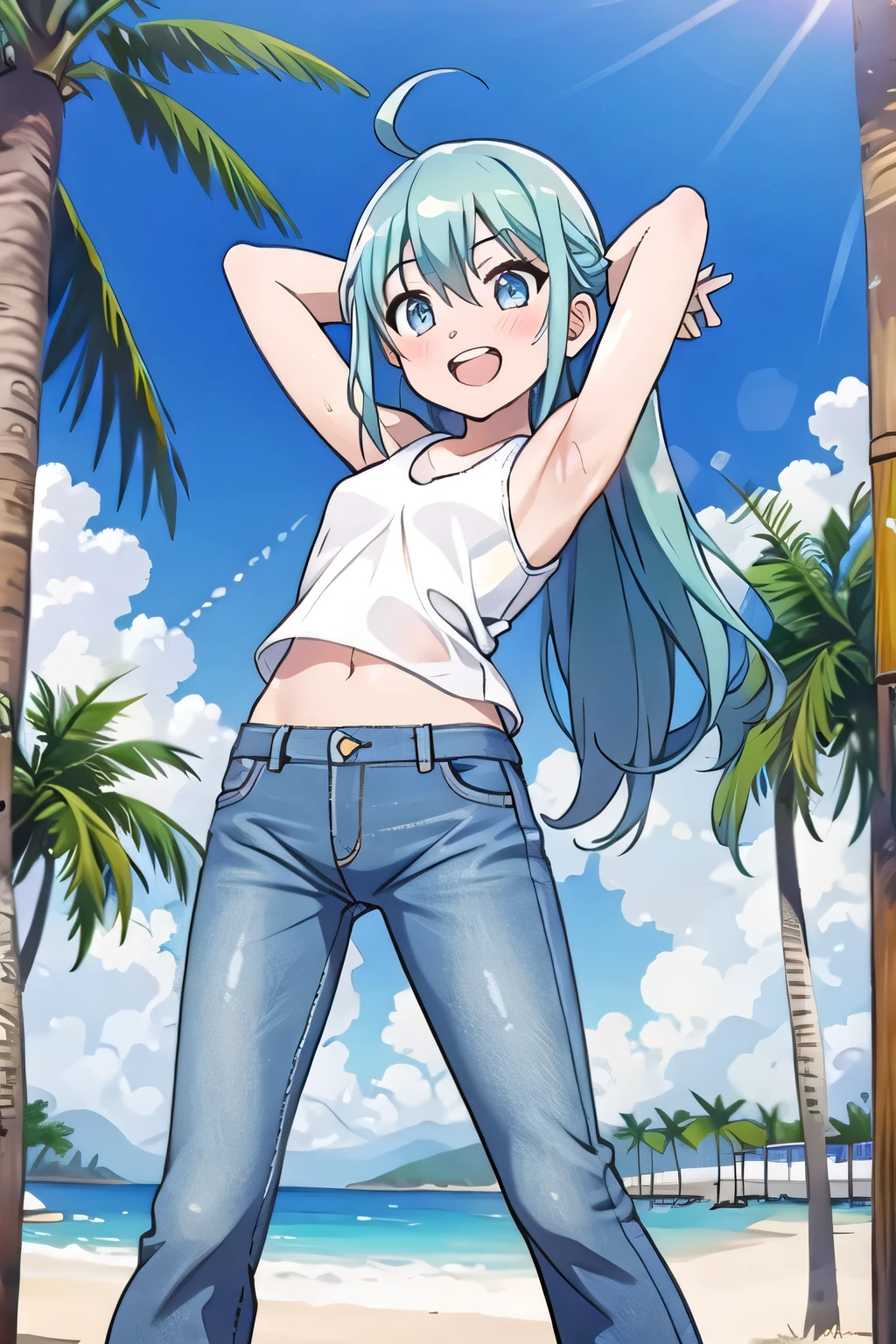 masterpiece,best quality,ultra detail, ((Perfect Face, Perfect Arms, Perfect hands, Perfect Fingers)), 1girl, , peti ((round face, ecstasy, orgasm face, drooping eyes, shame smiling, blush)), dropping eyes, sleepy, Open mouth, ((White teeth)), background((under the beach, (day:1.2), palm tree, bright sky)), miku hatsune, ahoge, aqua eyes, aqua hair, crossed bangs, hair between eyes, hair ornament, (long hair:1.4), ((arms behind head, hands behind head, fingers behind head)), ((contrapposto)), spread armpits, looking at viewer,, (white tank top:1.2), (white crop top:1.2), (jeans pants:1.2, flares jeans:1.2, skinny jeans:1.2, blue jeans:1.2), standing, (legs spread:1.4), sex pose, Sweaty crotch, Steam from the crotch, from below, whole body