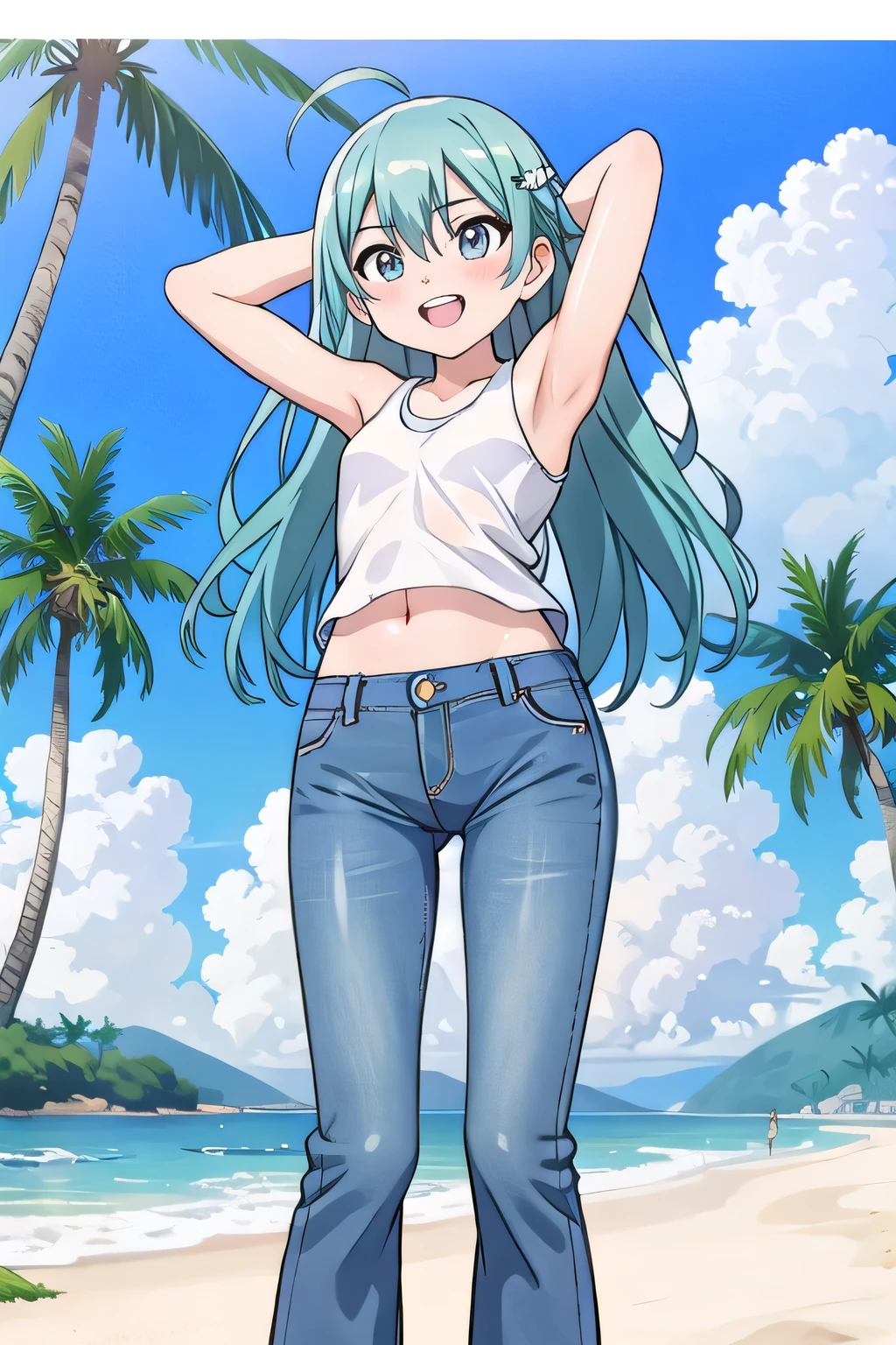 masterpiece,best quality,ultra detail, ((Perfect Face, Perfect Arms, Perfect hands, Perfect Fingers)), 1girl, , peti ((round face, ecstasy, orgasm face, drooping eyes, shame smiling, blush)), dropping eyes, sleepy, Open mouth, ((White teeth)), background((under the beach, (day:1.2), palm tree, bright sky)), miku hatsune, ahoge, aqua eyes, aqua hair, crossed bangs, hair between eyes, hair ornament, (long hair:1.4), ((arms behind head, hands behind head, fingers behind head)), ((contrapposto)), spread armpits, looking at viewer,, (white tank top:1.2), (white crop top:1.2), (jeans pants:1.2, flares jeans:1.2, skinny jeans:1.2, blue jeans:1.2), standing, (legs spread:1.4), sex pose, Sweaty crotch, Steam from the crotch, from below, whole body