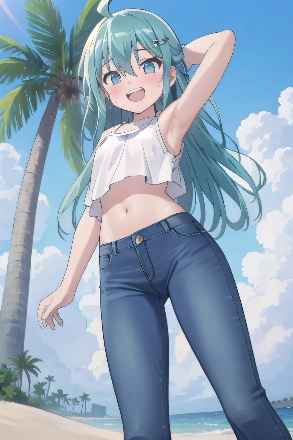 masterpiece,best quality,ultra detail, ((Perfect Face, Perfect Arms, Perfect hands, Perfect Fingers)), 1girl, , peti ((round face, ecstasy, orgasm face, drooping eyes, shame smiling, blush)), dropping eyes, sleepy, Open mouth, ((White teeth)), background((under the beach, (day:1.2), palm tree, bright sky)), miku hatsune, ahoge, aqua eyes, aqua hair, crossed bangs, hair between eyes, hair ornament, (long hair:1.4), ((arms behind head, hands behind head, fingers behind head)), ((contrapposto)), spread armpits, looking at viewer,, (white tank top:1.2), (white crop top:1.2), (jeans pants:1.2, flares jeans:1.2, skinny jeans:1.2, blue jeans:1.2), standing, (legs spread:1.4), sex pose, Sweaty crotch, Steam from the crotch, from below, whole body