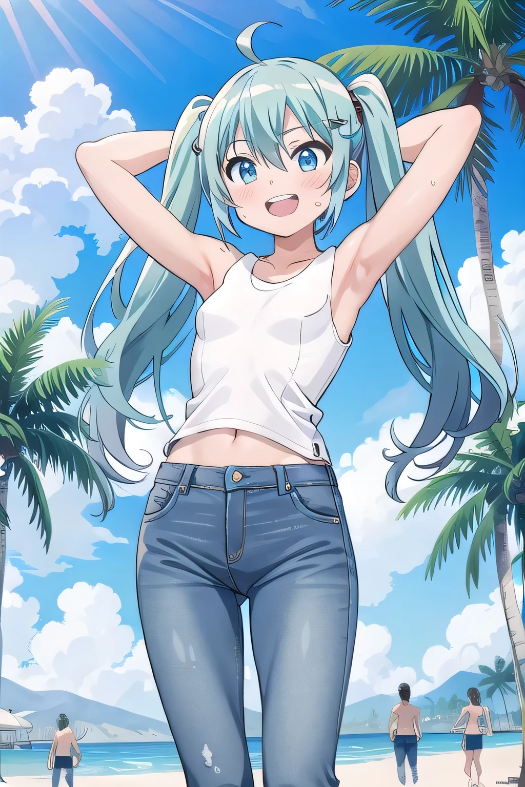 masterpiece,best quality,ultra detail, ((Perfect Face, Perfect Arms, Perfect hands, Perfect Fingers)), 1girl, , peti ((round face, ecstasy, orgasm face, drooping eyes, shame smiling, blush)), dropping eyes, sleepy, Open mouth, ((White teeth)), background((under the beach, (day:1.2), palm tree, bright sky)), miku hatsune, ahoge, aqua eyes, aqua hair, crossed bangs, hair between eyes, hair ornament, (long hair:1.4), ((arms behind head, hands behind head, fingers behind head)), ((contrapposto)), spread armpits, looking at viewer,, (white tank top:1.2), (white crop top:1.2), (jeans pants:1.2, flares jeans:1.2, skinny jeans:1.2, blue jeans:1.2), standing, (legs spread:1.4), sex pose, Sweaty crotch, Steam from the crotch, from below, whole body