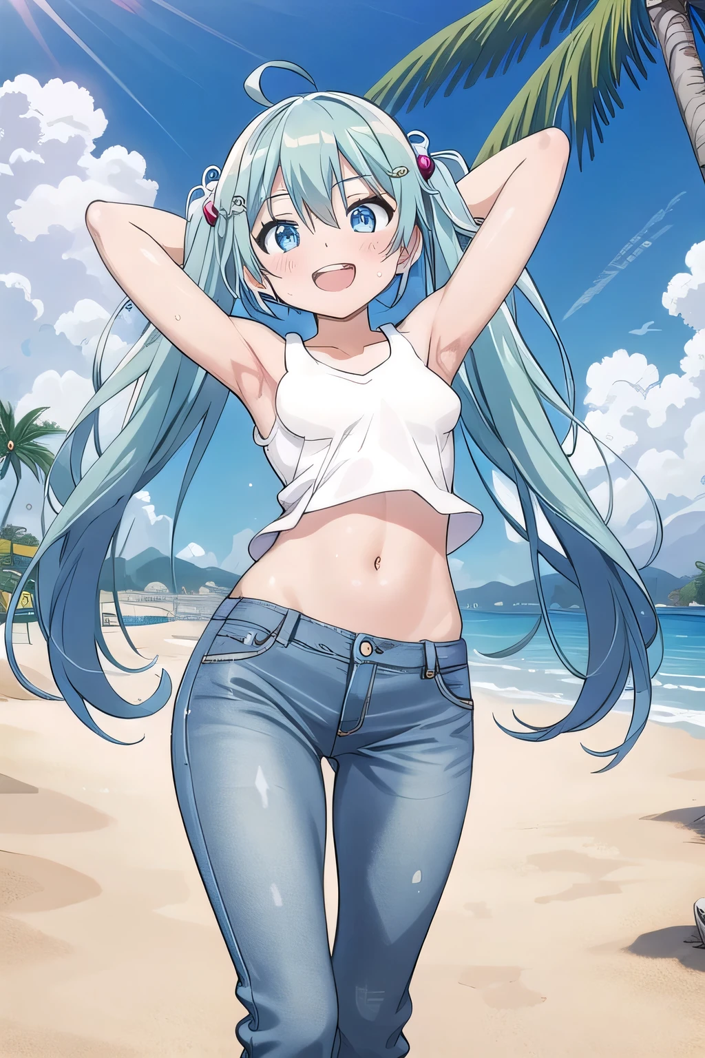masterpiece,best quality,ultra detail, ((Perfect Face, Perfect Arms, Perfect hands, Perfect Fingers)), 1girl, , peti ((round face, ecstasy, orgasm face, drooping eyes, shame smiling, blush)), dropping eyes, sleepy, Open mouth, ((White teeth)), background((under the beach, (day:1.2), palm tree, bright sky)), miku hatsune, ahoge, aqua eyes, aqua hair, crossed bangs, hair between eyes, hair ornament, (long hair:1.4), ((arms behind head, hands behind head, fingers behind head)), ((contrapposto)), spread armpits, looking at viewer,, (white tank top:1.2), (white crop top:1.2), (jeans pants:1.2, flares jeans:1.2, skinny jeans:1.2, blue jeans:1.2), standing, (legs spread:1.4), sex pose, Sweaty crotch, Steam from the crotch, from below, whole body