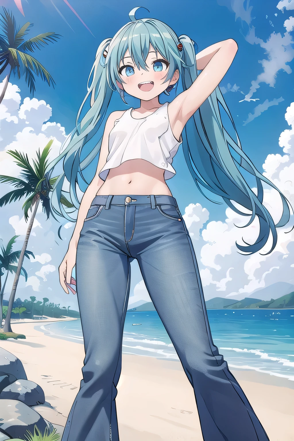 masterpiece,best quality,ultra detail, ((Perfect Face, Perfect Arms, Perfect hands, Perfect Fingers)), 1girl, , peti ((round face, ecstasy, orgasm face, drooping eyes, shame smiling, blush)), dropping eyes, sleepy, Open mouth, ((White teeth)), background((under the beach, (day:1.2), palm tree, bright sky)), miku hatsune, ahoge, aqua eyes, aqua hair, crossed bangs, hair between eyes, hair ornament, (long hair:1.4), ((arms behind head, hands behind head, fingers behind head)), ((contrapposto)), spread armpits, looking at viewer,, (white tank top:1.2), (white crop top:1.2), (jeans pants:1.2, flares jeans:1.2, skinny jeans:1.2, blue jeans:1.2), standing, (legs spread:1.4), sex pose, Sweaty crotch, Steam from the crotch, from below, whole body