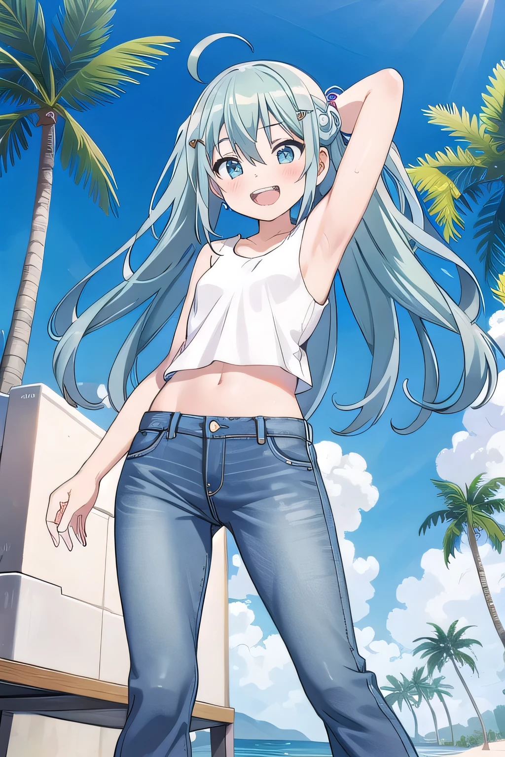 masterpiece,best quality,ultra detail, ((Perfect Face, Perfect Arms, Perfect hands, Perfect Fingers)), 1girl, , peti ((round face, ecstasy, orgasm face, drooping eyes, shame smiling, blush)), dropping eyes, sleepy, Open mouth, ((White teeth)), background((under the beach, (day:1.2), palm tree, bright sky)), miku hatsune, ahoge, aqua eyes, aqua hair, crossed bangs, hair between eyes, hair ornament, (long hair:1.4), ((arms behind head, hands behind head, fingers behind head)), ((contrapposto)), spread armpits, looking at viewer,, (white tank top:1.2), (white crop top:1.2), (jeans pants:1.2, flares jeans:1.2, skinny jeans:1.2, blue jeans:1.2), standing, (legs spread:1.4), sex pose, Sweaty crotch, Steam from the crotch, from below, whole body