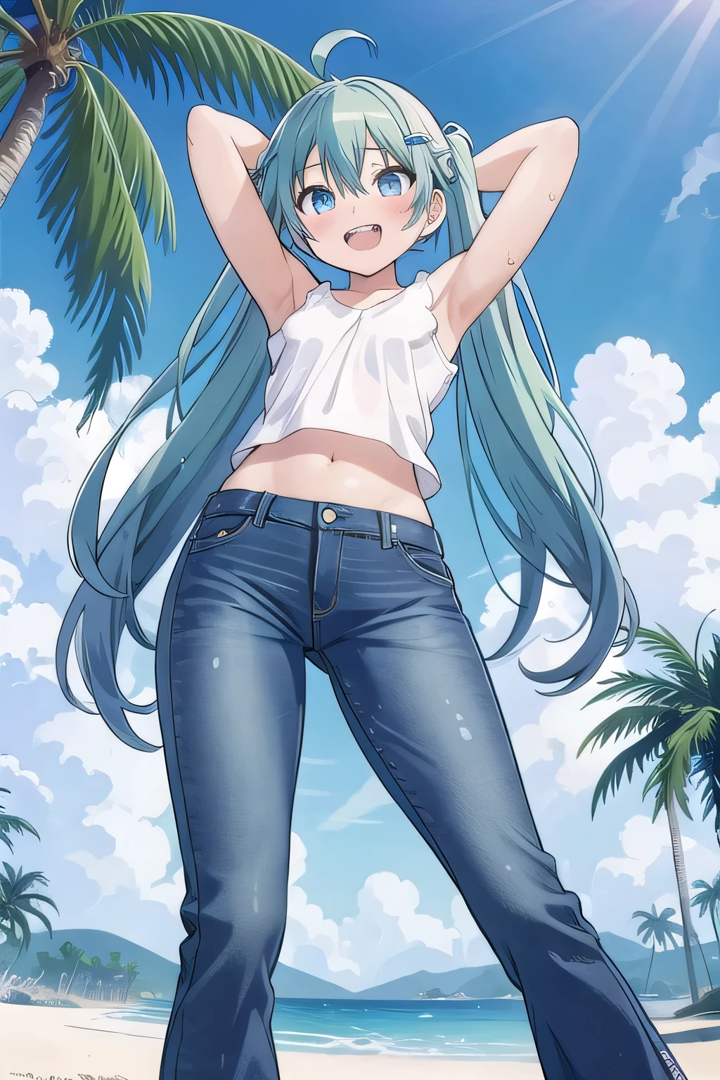 masterpiece,best quality,ultra detail, ((Perfect Face, Perfect Arms, Perfect hands, Perfect Fingers)), 1girl, , peti ((round face, ecstasy, orgasm face, drooping eyes, shame smiling, blush)), dropping eyes, sleepy, Open mouth, ((White teeth)), background((under the beach, (day:1.2), palm tree, bright sky)), miku hatsune, ahoge, aqua eyes, aqua hair, crossed bangs, hair between eyes, hair ornament, (long hair:1.4), ((arms behind head, hands behind head, fingers behind head)), ((contrapposto)), spread armpits, looking at viewer,, (white tank top:1.2), (white crop top:1.2), (jeans pants:1.2, flares jeans:1.2, skinny jeans:1.2, blue jeans:1.2), standing, (legs spread:1.4), sex pose, Sweaty crotch, Steam from the crotch, from below, whole body