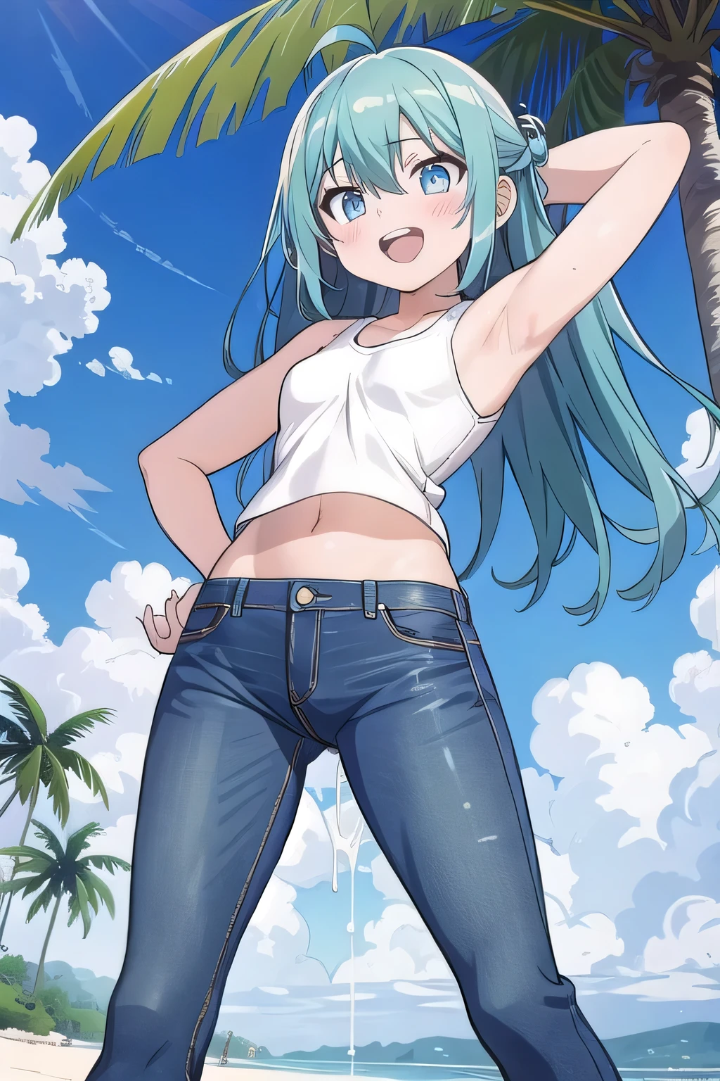 masterpiece,best quality,ultra detail, ((Perfect Face, Perfect Arms, Perfect hands, Perfect Fingers)), 1girl, , peti ((round face, ecstasy, orgasm face, drooping eyes, shame smiling, blush)), dropping eyes, sleepy, Open mouth, ((White teeth)), background((under the beach, (day:1.2), palm tree, bright sky)), miku hatsune, ahoge, aqua eyes, aqua hair, crossed bangs, hair between eyes, hair ornament, (long hair:1.4), ((arms behind head, hands behind head, fingers behind head)), ((contrapposto)), spread armpits, looking at viewer,, (white tank top:1.2), (white crop top:1.2), (jeans pants:1.2, flares jeans:1.2, skinny jeans:1.2, blue jeans:1.2), standing, (legs spread:1.4), sex pose, Sweaty crotch, Steam from the crotch, from below, whole body