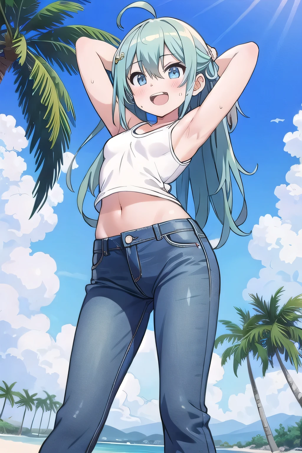 masterpiece,best quality,ultra detail, ((Perfect Face, Perfect Arms, Perfect hands, Perfect Fingers)), 1girl, , peti ((round face, ecstasy, orgasm face, drooping eyes, shame smiling, blush)), dropping eyes, sleepy, Open mouth, ((White teeth)), background((under the beach, (day:1.2), palm tree, bright sky)), miku hatsune, ahoge, aqua eyes, aqua hair, crossed bangs, hair between eyes, hair ornament, (long hair:1.4), ((arms behind head, hands behind head, fingers behind head)), ((contrapposto)), spread armpits, looking at viewer,, (white tank top:1.2), (white crop top:1.2), (jeans pants:1.2, flares jeans:1.2, skinny jeans:1.2, blue jeans:1.2), standing, (legs spread:1.4), sex pose, Sweaty crotch, Steam from the crotch, from below, whole body
