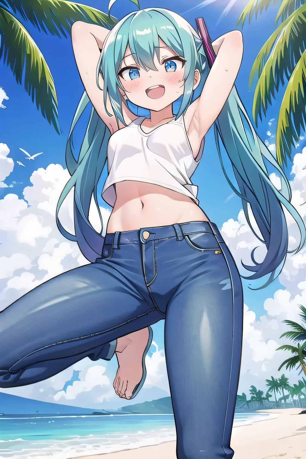 masterpiece,best quality,ultra detail, ((Perfect Face, Perfect Arms, Perfect hands, Perfect Fingers)), 1girl, , peti ((round face, ecstasy, orgasm face, drooping eyes, shame smiling, blush)), dropping eyes, sleepy, Open mouth, ((White teeth)), background((under the beach, (day:1.2), palm tree, bright sky)), miku hatsune, ahoge, aqua eyes, aqua hair, crossed bangs, hair between eyes, hair ornament, (long hair:1.4), ((arms behind head, hands behind head, fingers behind head)), ((contrapposto)), spread armpits, looking at viewer,, (white tank top:1.2), (white crop top:1.2), (jeans pants:1.2, flares jeans:1.2, skinny jeans:1.2, blue jeans:1.2), standing, (legs spread:1.4), sex pose, Sweaty crotch, Steam from the crotch, from below, whole body