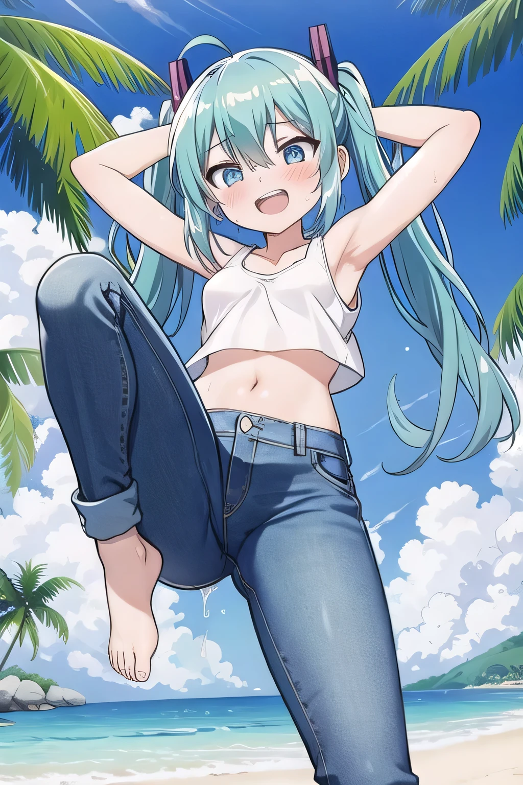 masterpiece,best quality,ultra detail, ((Perfect Face, Perfect Arms, Perfect hands, Perfect Fingers)), 1girl, , peti ((round face, ecstasy, orgasm face, drooping eyes, shame smiling, blush)), dropping eyes, sleepy, Open mouth, ((White teeth)), background((under the beach, (day:1.2), palm tree, bright sky)), miku hatsune, ahoge, aqua eyes, aqua hair, crossed bangs, hair between eyes, hair ornament, (long hair:1.4), ((arms behind head, hands behind head, fingers behind head)), ((contrapposto)), spread armpits, looking at viewer,, (white tank top:1.2), (white crop top:1.2), (jeans pants:1.2, flares jeans:1.2, skinny jeans:1.2, blue jeans:1.2), standing, (legs spread:1.4), sex pose, Sweaty crotch, Steam from the crotch, from below, whole body