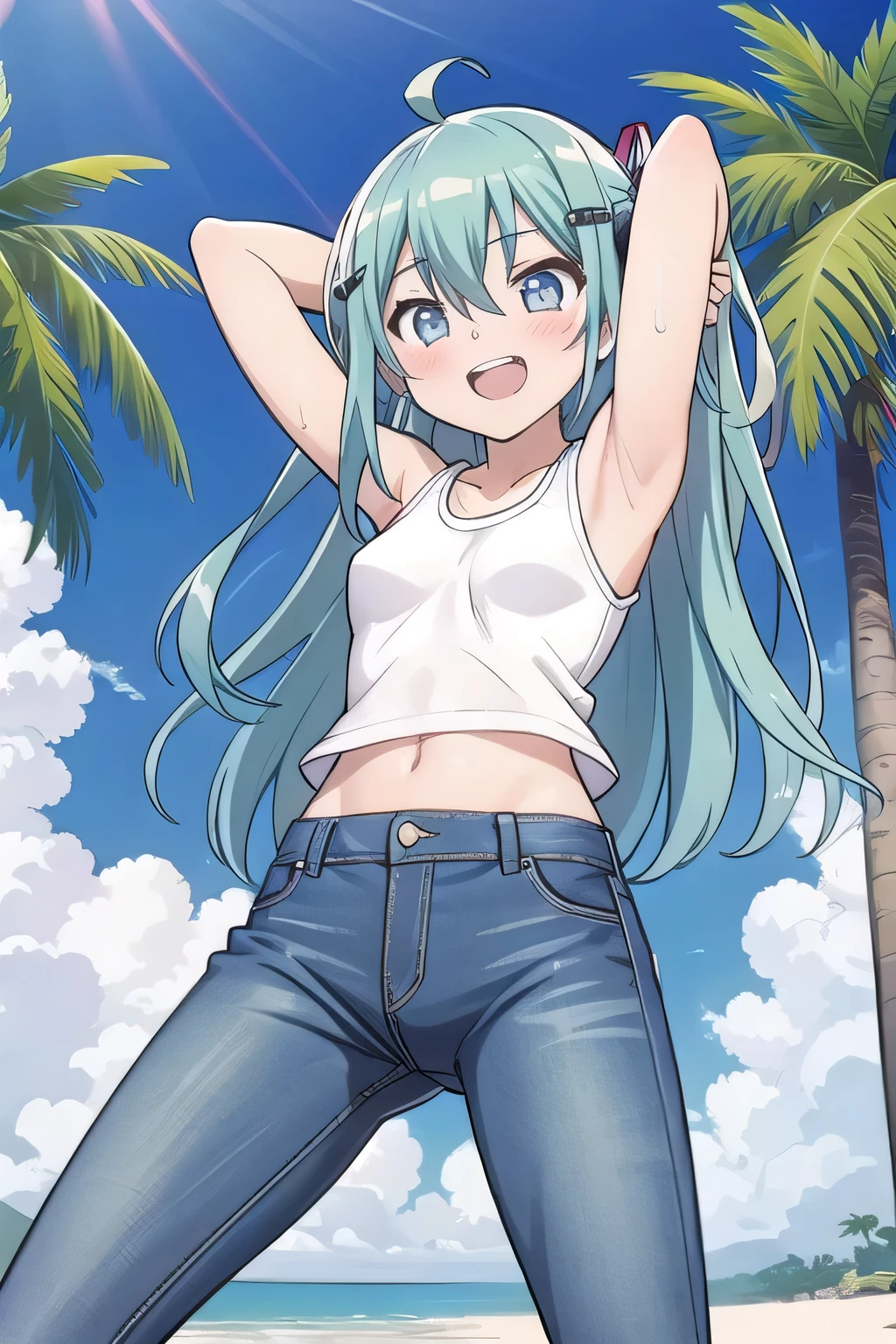 masterpiece,best quality,ultra detail, ((Perfect Face, Perfect Arms, Perfect hands, Perfect Fingers)), 1girl, , peti ((round face, ecstasy, orgasm face, drooping eyes, shame smiling, blush)), dropping eyes, sleepy, Open mouth, ((White teeth)), background((under the beach, (day:1.2), palm tree, bright sky)), miku hatsune, ahoge, aqua eyes, aqua hair, crossed bangs, hair between eyes, hair ornament, (long hair:1.4), ((arms behind head, hands behind head, fingers behind head)), ((contrapposto)), spread armpits, looking at viewer,, (white tank top:1.2), (white crop top:1.2), (jeans pants:1.2, flares jeans:1.2, skinny jeans:1.2, blue jeans:1.2), standing, (legs spread:1.4), sex pose, Sweaty crotch, Steam from the crotch, from below, whole body