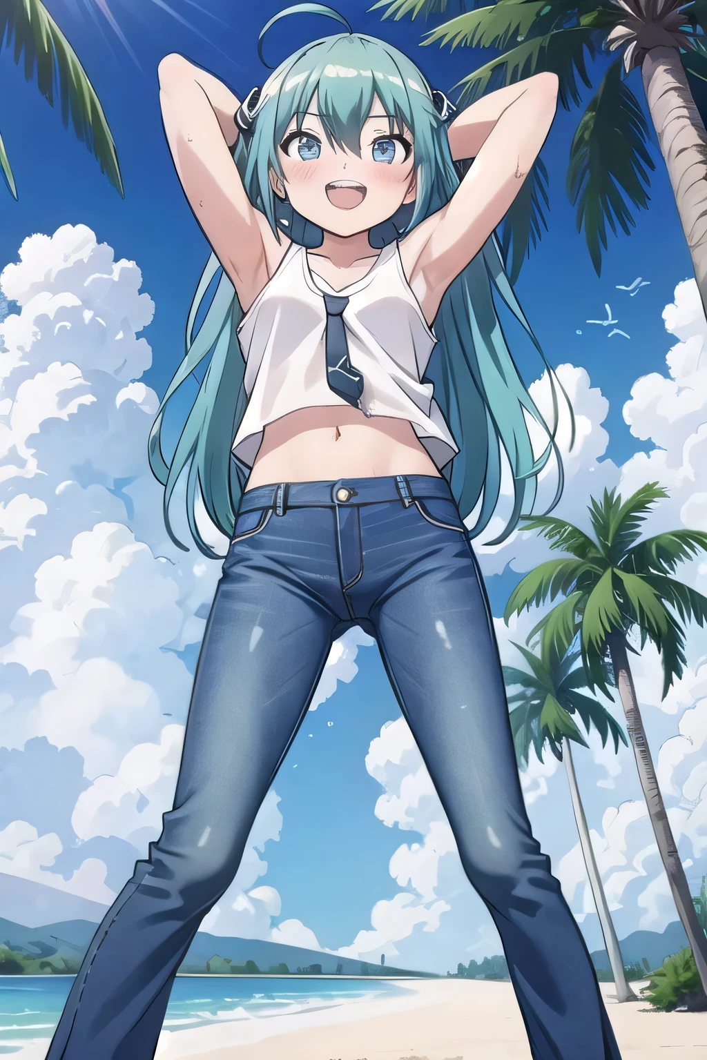 masterpiece,best quality,ultra detail, ((Perfect Face, Perfect Arms, Perfect hands, Perfect Fingers)), 1girl, , peti ((round face, ecstasy, orgasm face, drooping eyes, shame smiling, blush)), dropping eyes, sleepy, Open mouth, ((White teeth)), background((under the beach, (day:1.2), palm tree, bright sky)), miku hatsune, ahoge, aqua eyes, aqua hair, crossed bangs, hair between eyes, hair ornament, (long hair:1.4), ((arms behind head, hands behind head, fingers behind head)), ((contrapposto)), spread armpits, looking at viewer,, (white tank top:1.2), (white crop top:1.2), (jeans pants:1.2, flares jeans:1.2, skinny jeans:1.2, blue jeans:1.2), standing, (legs spread:1.4), sex pose, Sweaty crotch, Steam from the crotch, from below, whole body