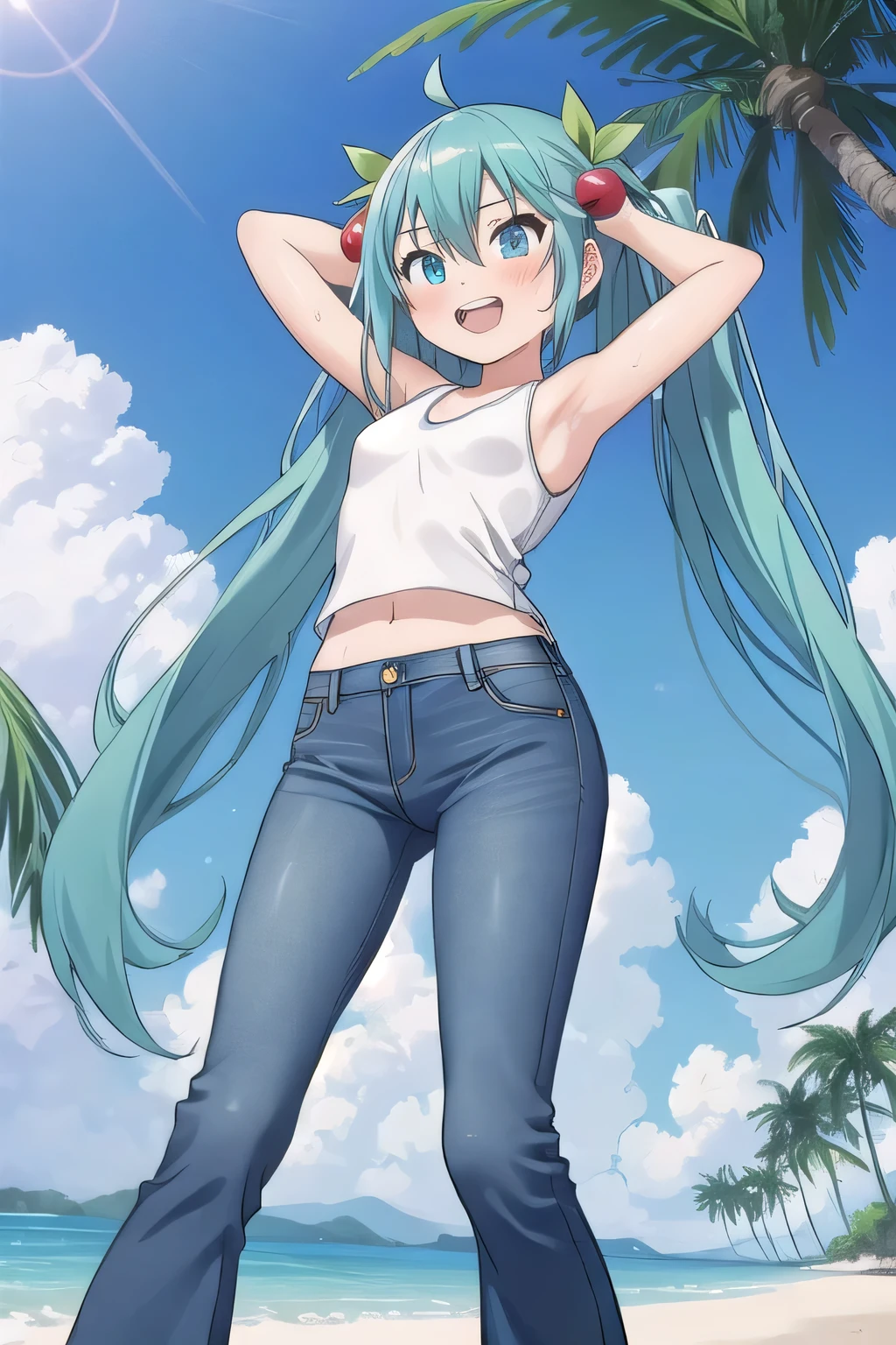 masterpiece,best quality,ultra detail, ((Perfect Face, Perfect Arms, Perfect hands, Perfect Fingers)), 1girl, 14yo, petite, ((round face, ecstasy, orgasm face, drooping eyes, shame smiling, blush)), dropping eyes, sleepy, Open mouth, ((White teeth)), background((under the beach, (day:1.2), palm tree, bright sky)), miku hatsune, ahoge, aqua eyes, aqua hair, crossed bangs, hair between eyes, hair ornament, (long hair:1.4), ((arms behind head, hands behind head, fingers behind head)), ((contrapposto)), spread armpits, looking at viewer,, (white tank top:1.2), (white crop top:1.2), (jeans pants:1.2, flares jeans:1.2, skinny jeans:1.2, blue jeans:1.2), standing, (legs spread:1.4), sex pose, Sweaty crotch, Steam from the crotch, from below, whole body
