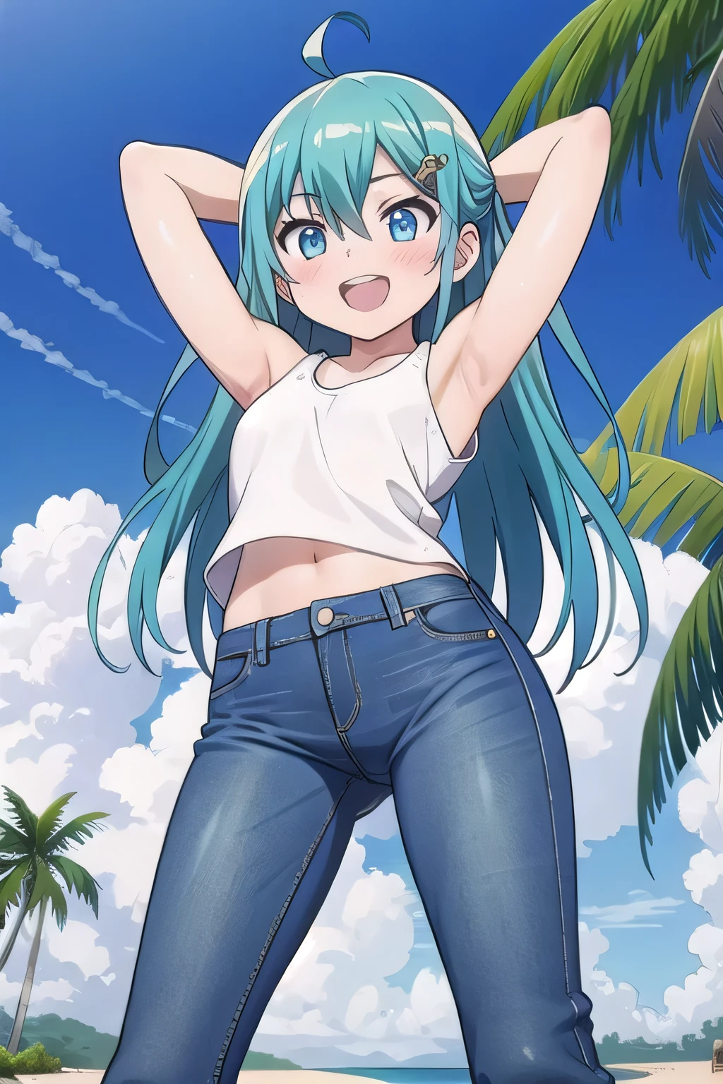 masterpiece,best quality,ultra detail, ((Perfect Face, Perfect Arms, Perfect hands, Perfect Fingers)), 1girl, , peti ((round face, ecstasy, orgasm face, drooping eyes, shame smiling, blush)), dropping eyes, sleepy, Open mouth, ((White teeth)), background((under the beach, (day:1.2), palm tree, bright sky)), miku hatsune, ahoge, aqua eyes, aqua hair, crossed bangs, hair between eyes, hair ornament, (long hair:1.4), ((arms behind head, hands behind head, fingers behind head)), ((contrapposto)), spread armpits, looking at viewer,, (white tank top:1.2), (white crop top:1.2), (jeans pants:1.2, flares jeans:1.2, skinny jeans:1.2, blue jeans:1.2), standing, (legs spread:1.4), sex pose, Sweaty crotch, Steam from the crotch, from below, whole body