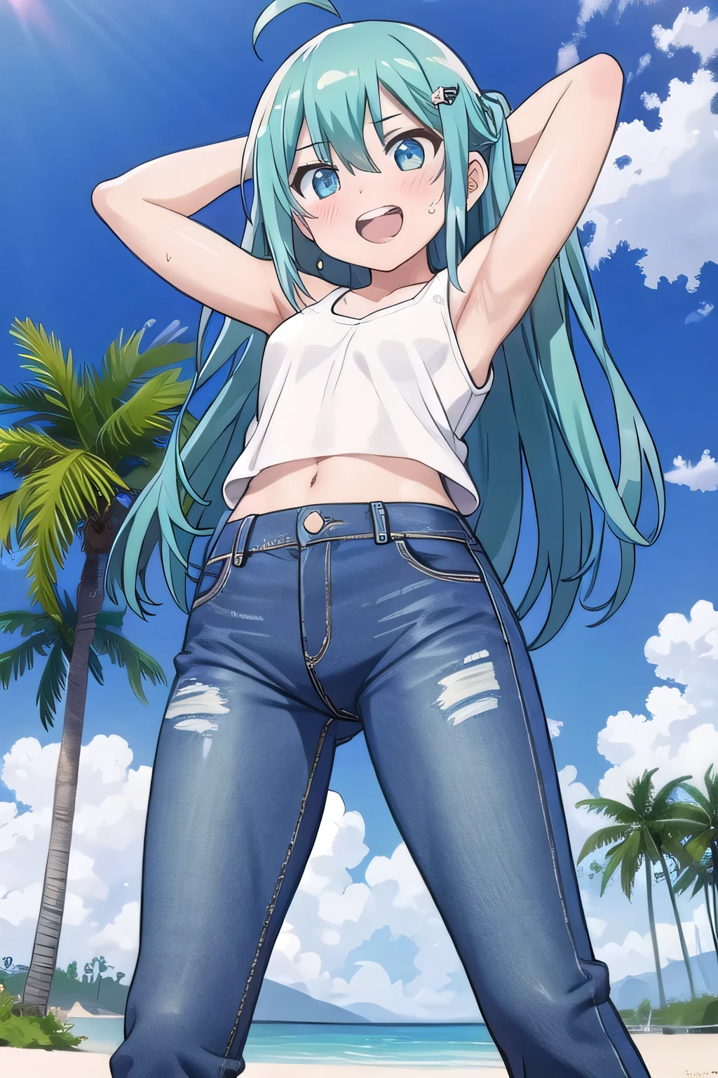 masterpiece,best quality,ultra detail, ((Perfect Face, Perfect Arms, Perfect hands, Perfect Fingers)), 1girl, , peti ((round face, ecstasy, orgasm face, drooping eyes, shame smiling, blush)), dropping eyes, sleepy, Open mouth, ((White teeth)), background((under the beach, (day:1.2), palm tree, bright sky)), miku hatsune, ahoge, aqua eyes, aqua hair, crossed bangs, hair between eyes, hair ornament, (long hair:1.4), ((arms behind head, hands behind head, fingers behind head)), ((contrapposto)), spread armpits, looking at viewer,, (white tank top:1.2), (white crop top:1.2), (jeans pants:1.2, flares jeans:1.2, skinny jeans:1.2, blue jeans:1.2), standing, (legs spread:1.4), sex pose, Sweaty crotch, Steam from the crotch, from below, whole body