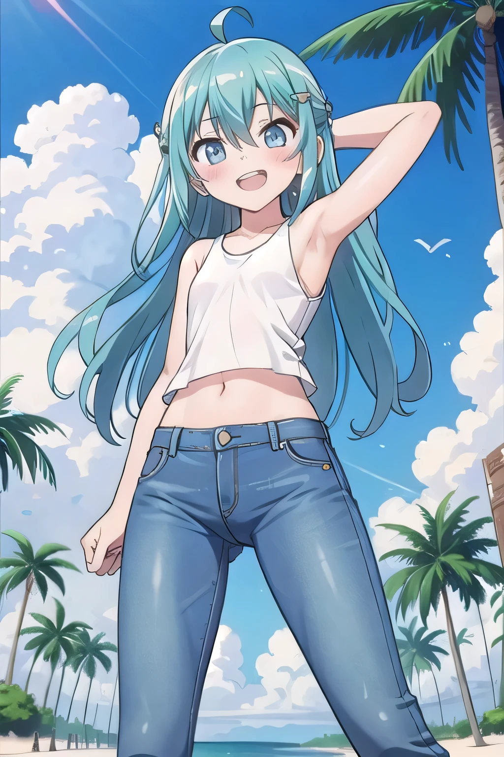 masterpiece,best quality,ultra detail, ((Perfect Face, Perfect Arms, Perfect hands, Perfect Fingers)), 1girl, , peti ((round face, ecstasy, orgasm face, drooping eyes, shame smiling, blush)), dropping eyes, sleepy, Open mouth, ((White teeth)), background((under the beach, (day:1.2), palm tree, bright sky)), miku hatsune, ahoge, aqua eyes, aqua hair, crossed bangs, hair between eyes, hair ornament, (long hair:1.4), ((arms behind head, hands behind head, fingers behind head)), ((contrapposto)), spread armpits, looking at viewer,, (white tank top:1.2), (white crop top:1.2), (jeans pants:1.2, flares jeans:1.2, skinny jeans:1.2, blue jeans:1.2), standing, (legs spread:1.4), sex pose, Sweaty crotch, Steam from the crotch, from below, whole body