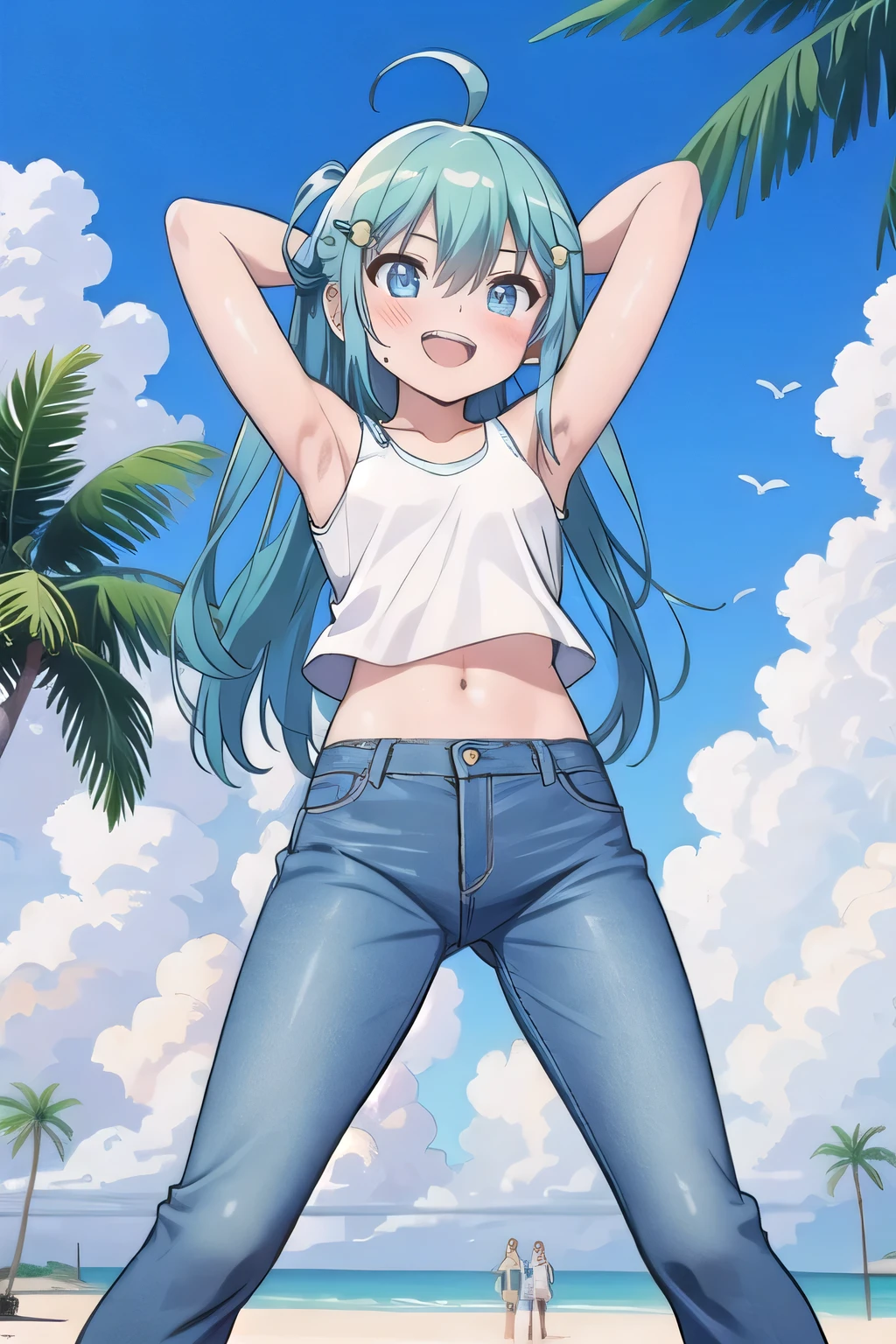 masterpiece,best quality,ultra detail, ((Perfect Face, Perfect Arms, Perfect hands, Perfect Fingers)), 1girl, , peti ((round face, ecstasy, orgasm face, drooping eyes, shame smiling, blush)), dropping eyes, sleepy, Open mouth, ((White teeth)), background((under the beach, (day:1.2), palm tree, bright sky)), miku hatsune, ahoge, aqua eyes, aqua hair, crossed bangs, hair between eyes, hair ornament, (long hair:1.4), ((arms behind head, hands behind head, fingers behind head)), ((contrapposto)), spread armpits, looking at viewer,, (white tank top:1.2), (white crop top:1.2), (jeans pants:1.2, flares jeans:1.2, skinny jeans:1.2, blue jeans:1.2), standing, (legs spread:1.4), sex pose, Sweaty crotch, Steam from the crotch, from below, whole body
