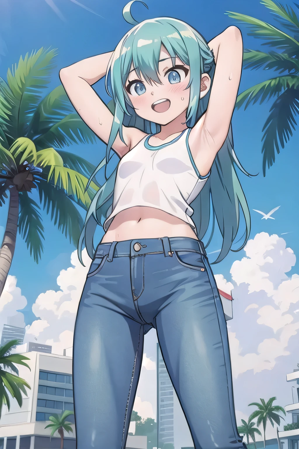 masterpiece,best quality,ultra detail, ((Perfect Face, Perfect Arms, Perfect hands, Perfect Fingers)), 1girl, , peti ((round face, ecstasy, orgasm face, drooping eyes, shame smiling, blush)), dropping eyes, sleepy, Open mouth, ((White teeth)), background((under the beach, (day:1.2), palm tree, bright sky)), miku hatsune, ahoge, aqua eyes, aqua hair, crossed bangs, hair between eyes, hair ornament, (long hair:1.4), ((arms behind head, hands behind head, fingers behind head)), ((contrapposto)), spread armpits, looking at viewer,, (white tank top:1.2), (white crop top:1.2), (jeans pants:1.2, flares jeans:1.2, skinny jeans:1.2, blue jeans:1.2), standing, (legs spread:1.4), sex pose, Sweaty crotch, Steam from the crotch, from below, whole body