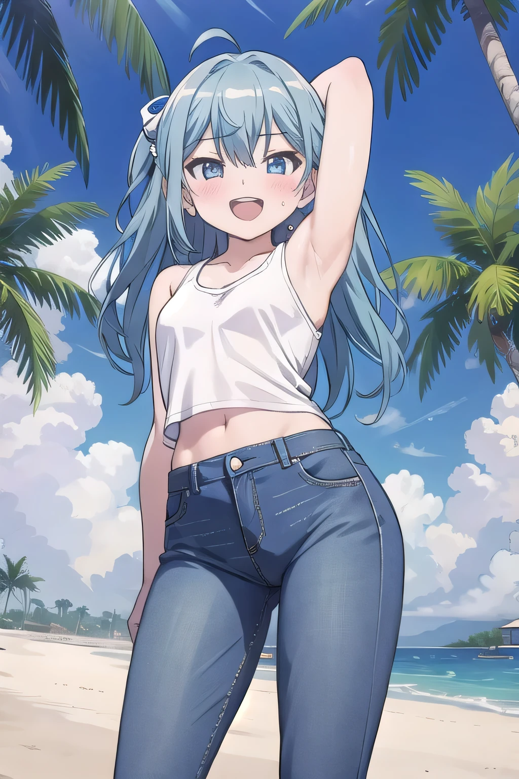 masterpiece,best quality,ultra detail, ((Perfect Face, Perfect Arms, Perfect hands, Perfect Fingers)), 1girl, , peti ((round face, ecstasy, orgasm face, drooping eyes, shame smiling, blush)), dropping eyes, sleepy, Open mouth, ((White teeth)), background((under the beach, (day:1.2), palm tree, bright sky)), miku hatsune, ahoge, aqua eyes, aqua hair, crossed bangs, hair between eyes, hair ornament, (long hair:1.4), ((arms behind head, hands behind head, fingers behind head)), ((contrapposto)), spread armpits, looking at viewer,, (white tank top:1.2), (white crop top:1.2), (jeans pants:1.2, flares jeans:1.2, skinny jeans:1.2, blue jeans:1.2), standing, (legs spread:1.4), sex pose, Sweaty crotch, Steam from the crotch, from below, whole body