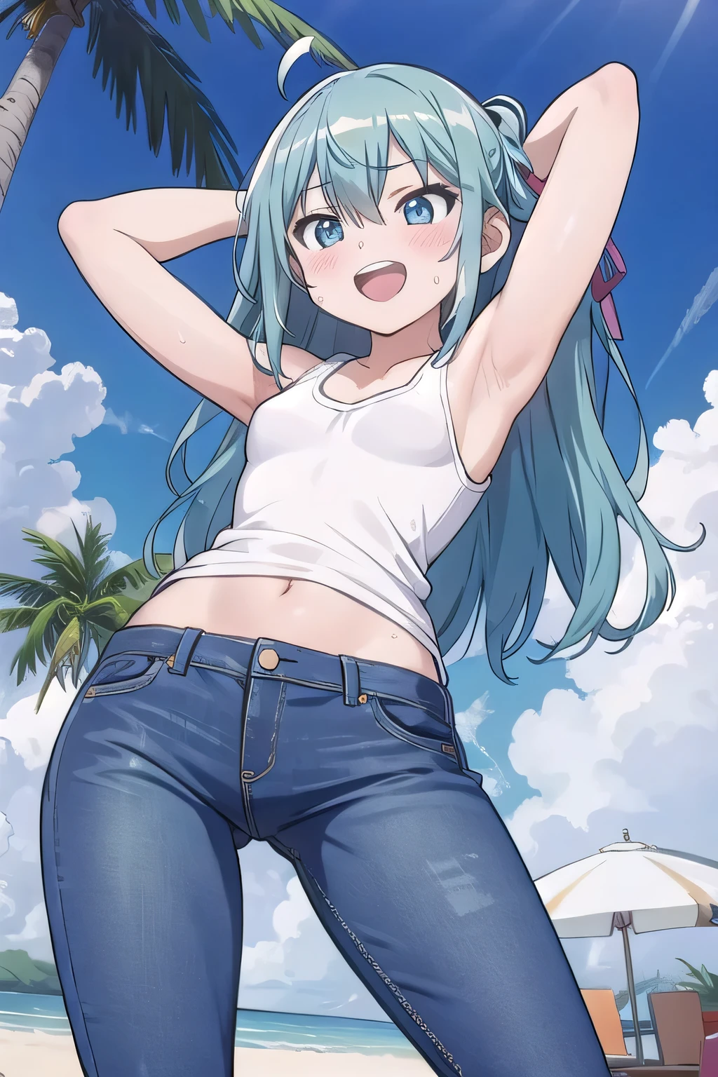 masterpiece,best quality,ultra detail, ((Perfect Face, Perfect Arms, Perfect hands, Perfect Fingers)), 1girl, , peti ((round face, ecstasy, orgasm face, drooping eyes, shame smiling, blush)), dropping eyes, sleepy, Open mouth, ((White teeth)), background((under the beach, (day:1.2), palm tree, bright sky)), miku hatsune, ahoge, aqua eyes, aqua hair, crossed bangs, hair between eyes, hair ornament, (long hair:1.4), ((arms behind head, hands behind head, fingers behind head)), ((contrapposto)), spread armpits, looking at viewer,, (white tank top:1.2), (white crop top:1.2), (jeans pants:1.2, flares jeans:1.2, skinny jeans:1.2, blue jeans:1.2), standing, (legs spread:1.4), sex pose, Sweaty crotch, Steam from the crotch, from below, whole body