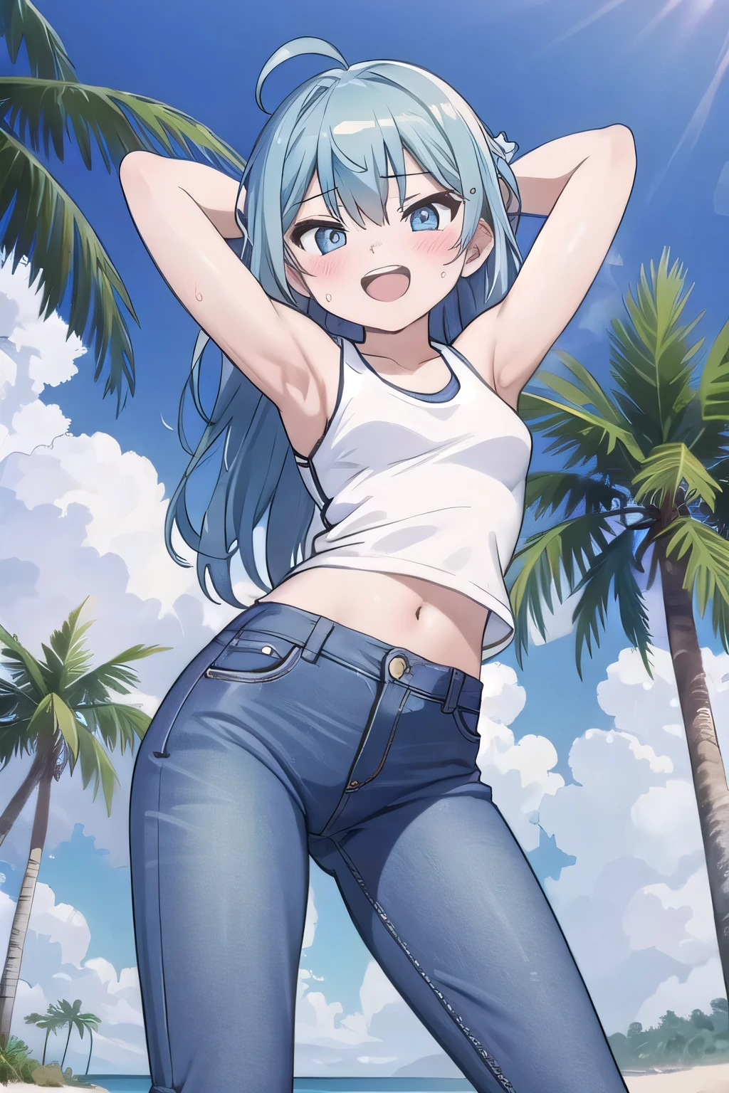 masterpiece,best quality,ultra detail, ((Perfect Face, Perfect Arms, Perfect hands, Perfect Fingers)), 1girl, , peti ((round face, ecstasy, orgasm face, drooping eyes, shame smiling, blush)), dropping eyes, sleepy, Open mouth, ((White teeth)), background((under the beach, (day:1.2), palm tree, bright sky)), miku hatsune, ahoge, aqua eyes, aqua hair, crossed bangs, hair between eyes, hair ornament, (long hair:1.4), ((arms behind head, hands behind head, fingers behind head)), ((contrapposto)), spread armpits, looking at viewer,, (white tank top:1.2), (white crop top:1.2), (jeans pants:1.2, flares jeans:1.2, skinny jeans:1.2, blue jeans:1.2), standing, (legs spread:1.4), sex pose, Sweaty crotch, Steam from the crotch, from below, whole body