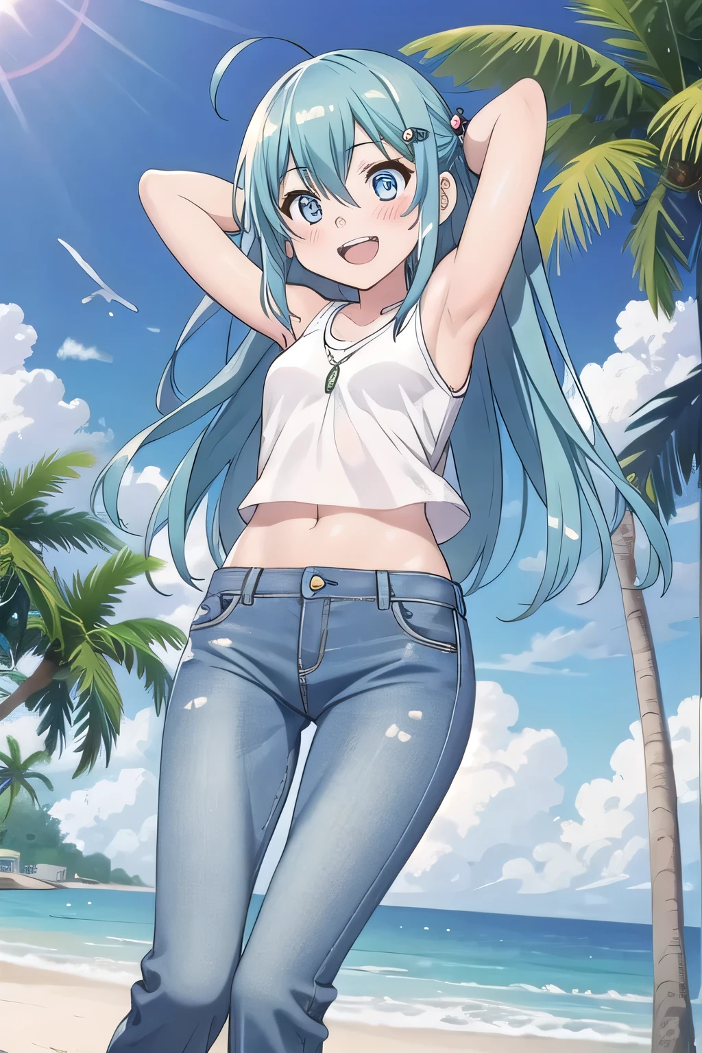 masterpiece,best quality,ultra detail, ((Perfect Face, Perfect Arms, Perfect hands, Perfect Fingers)), 1girl, 14yo, petite, ((round face, ecstasy, orgasm face, drooping eyes, shame smiling, blush)), dropping eyes, sleepy, Open mouth, ((White teeth)), background((under the beach, (day:1.2), palm tree, bright sky)), miku hatsune, ahoge, aqua eyes, aqua hair, crossed bangs, hair between eyes, hair ornament, (long hair:1.4), ((arms behind head, hands behind head, fingers behind head)), ((contrapposto)), spread armpits, looking at viewer,, (white tank top:1.2), (white crop top:1.2), (jeans pants:1.2, flares jeans:1.2, skinny jeans:1.2, blue jeans:1.2), standing, (legs spread:1.4), sex pose, Sweaty crotch, Steam from the crotch, from below, full medium body