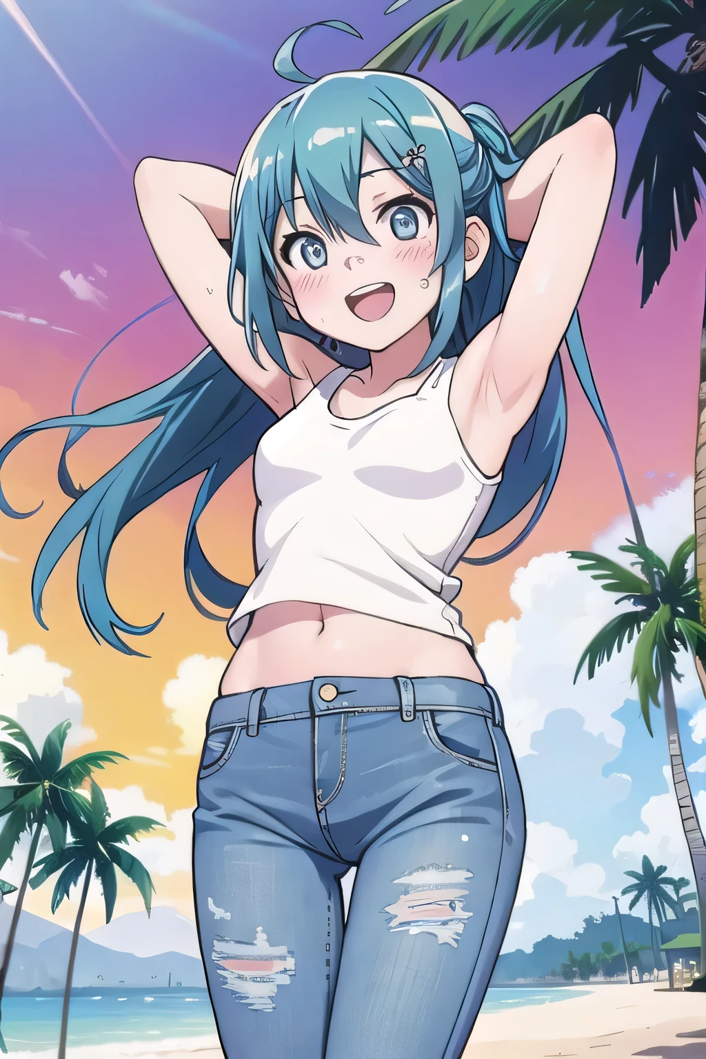 masterpiece,best quality,ultra detail, ((Perfect Face, Perfect Arms, Perfect hands, Perfect Fingers)), 1girl, 14yo, petite, ((round face, ecstasy, orgasm face, drooping eyes, shame smiling, blush)), dropping eyes, sleepy, Open mouth, ((White teeth)), background((under the beach, (day:1.2), palm tree, bright sky)), miku hatsune, ahoge, aqua eyes, aqua hair, crossed bangs, hair between eyes, hair ornament, (long hair:1.4), ((arms behind head, hands behind head, fingers behind head)), ((contrapposto)), spread armpits, looking at viewer,, (white tank top:1.2), (white crop top:1.2), (jeans pants:1.2, flares jeans:1.2, skinny jeans:1.2, blue jeans:1.2), standing, (legs spread:1.4), sex pose, Sweaty crotch, Steam from the crotch, from below, full medium body