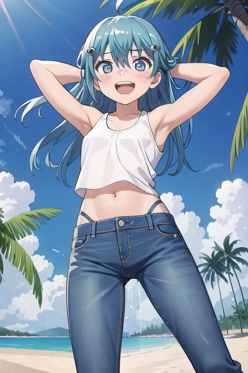 masterpiece,best quality,ultra detail, ((Perfect Face, Perfect Arms, Perfect hands, Perfect Fingers)), 1girl, 14yo, petite, ((round face, ecstasy, orgasm face, drooping eyes, shame smiling, blush)), dropping eyes, sleepy, Open mouth, ((White teeth)), background((under the beach, (day:1.2), palm tree, bright sky)), miku hatsune, ahoge, aqua eyes, aqua hair, crossed bangs, hair between eyes, hair ornament, (long hair:1.4), ((arms behind head, hands behind head, fingers behind head)), ((contrapposto)), spread armpits, looking at viewer,, (white tank top:1.2), (white crop top:1.2), (jeans pants:1.2, flares jeans:1.2, skinny jeans:1.2, blue jeans:1.2), standing, (legs spread:1.4), sex pose, Sweaty crotch, Steam from the crotch, from below, full medium body