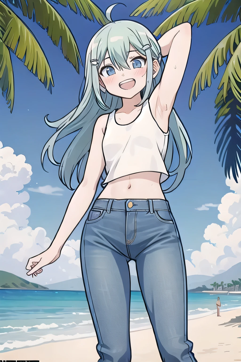 masterpiece,best quality,ultra detail, ((Perfect Face, Perfect Arms, Perfect hands, Perfect Fingers)), 1girl, , peti ((round face, ecstasy, orgasm face, drooping eyes, shame smiling, blush)), dropping eyes, sleepy, Open mouth, ((White teeth)), background((under the beach, (day:1.2), palm tree, bright sky)), miku hatsune, ahoge, aqua eyes, aqua hair, crossed bangs, hair between eyes, hair ornament, (long hair:1.4), ((arms behind head, hands behind head, fingers behind head)), ((contrapposto)), spread armpits, looking at viewer,, (white tank top:1.2), (white crop top:1.2), (jeans pants:1.2, flares jeans:1.2, skinny jeans:1.2, blue jeans:1.2), standing, (legs spread:1.4), sex pose, Sweaty crotch, Steam from the crotch, from below, whole body